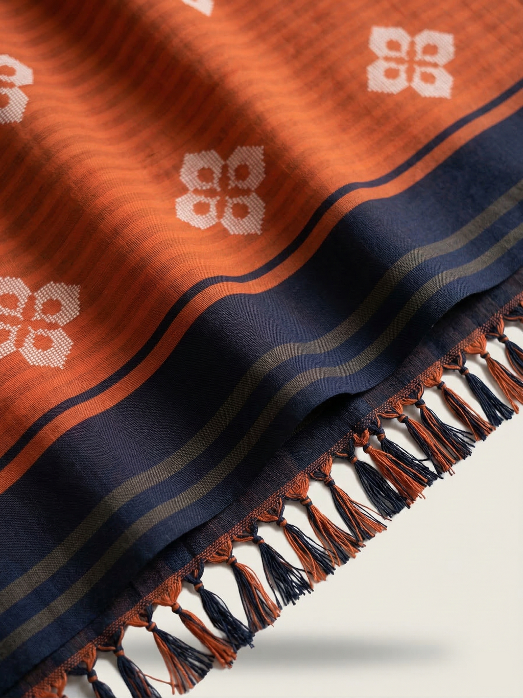 Bawan Buti Handwoven Cotton Saree — Burnt Vermilion with Ivory Motifs