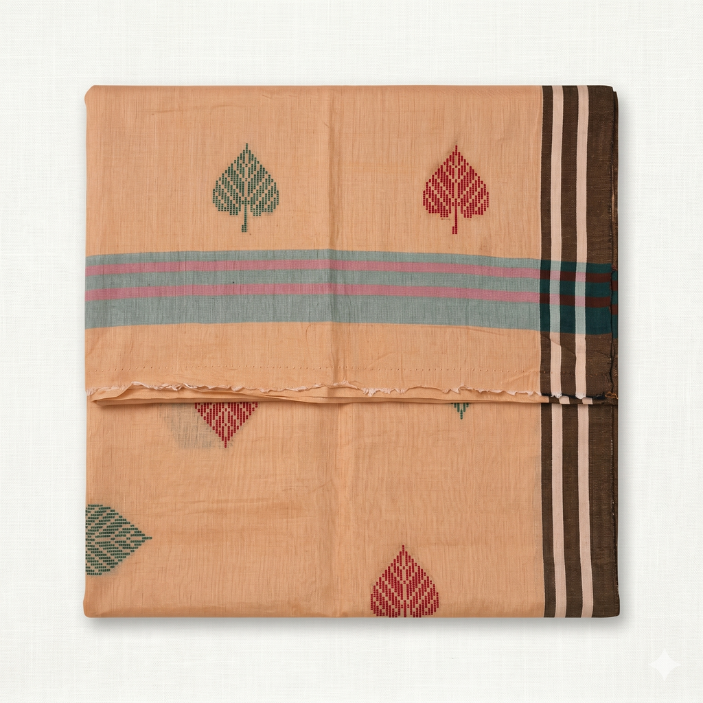 ARAYA Bawan Buti Handloom Saree – Soft Mustard with Leaf Motifs & Contrast Stripes