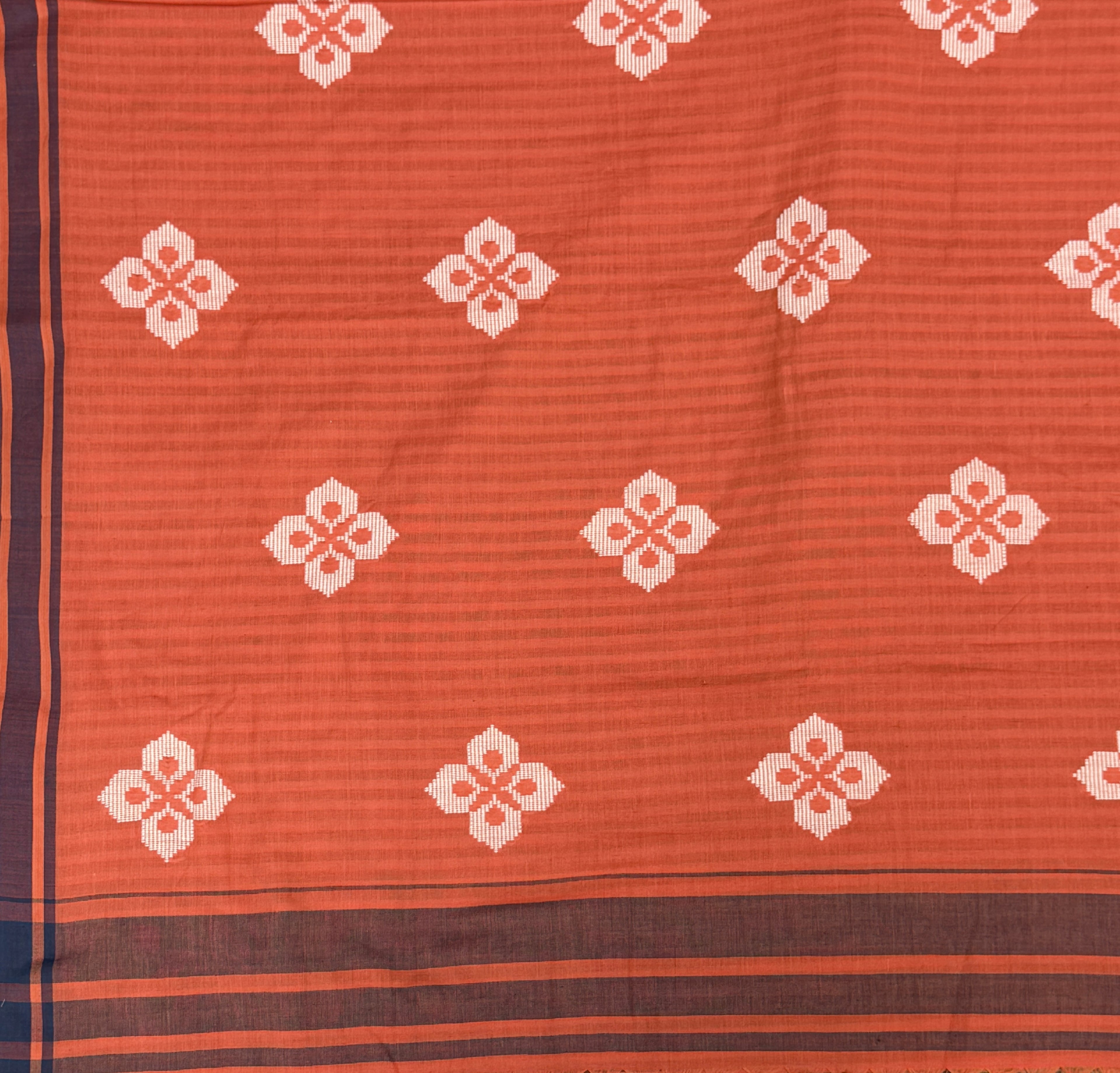 Bawan Buti Handwoven Cotton Saree — Burnt Vermilion with Ivory Motifs