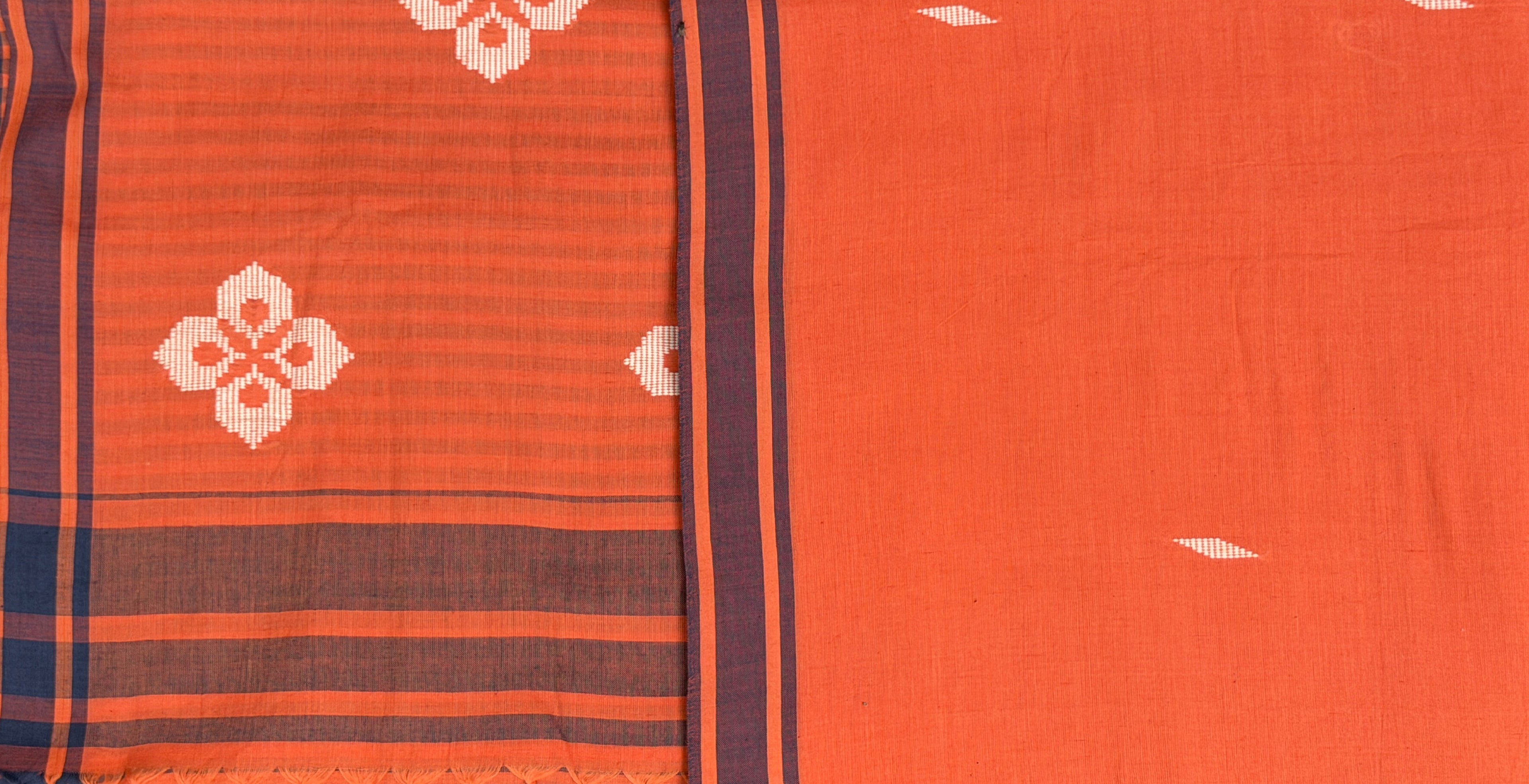 Bawan Buti Handwoven Cotton Saree — Burnt Vermilion with Ivory Motifs