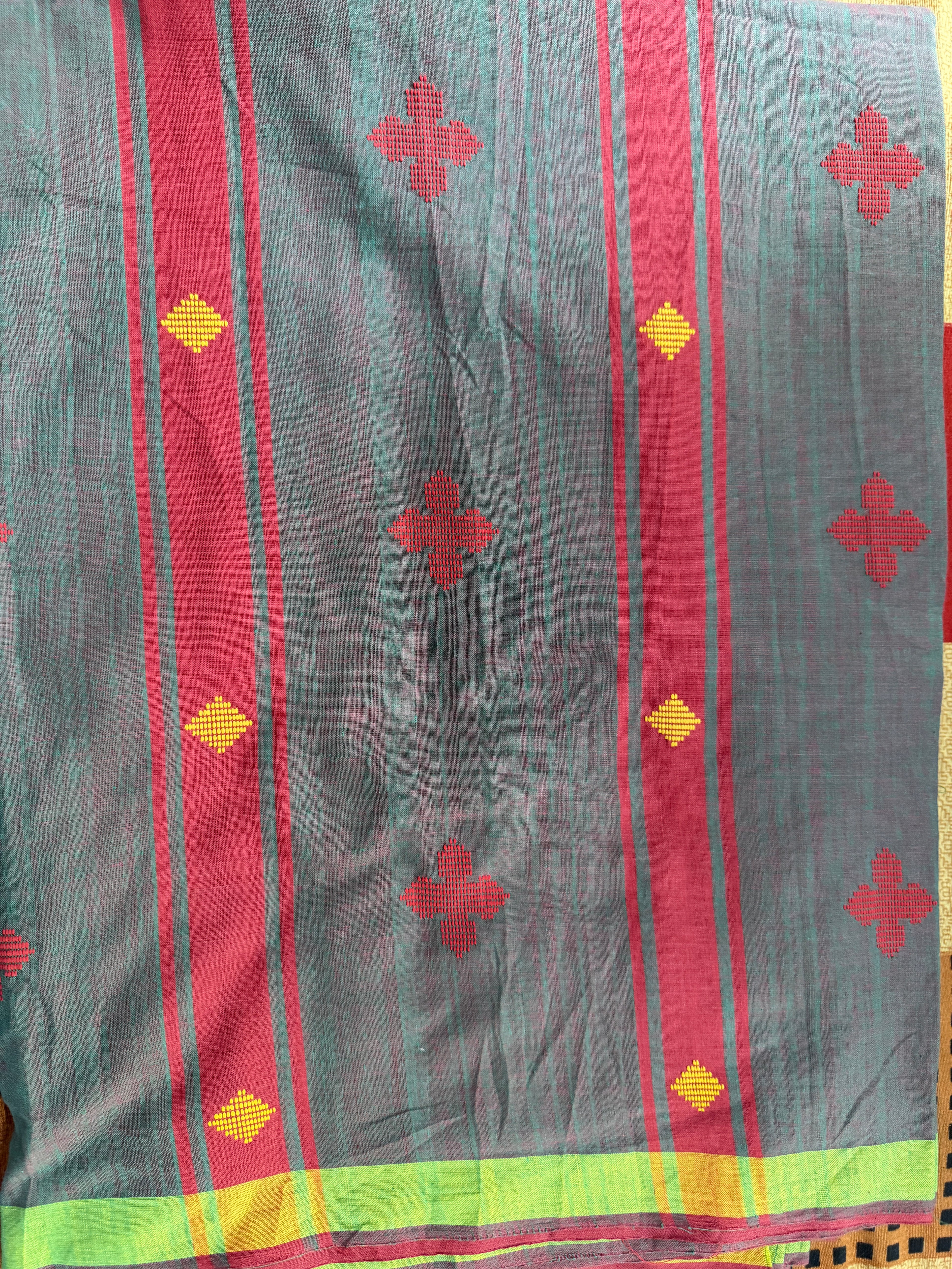 Bawan Buti Handwoven Cotton Saree in Slate Grey with Crimson & Lime Border