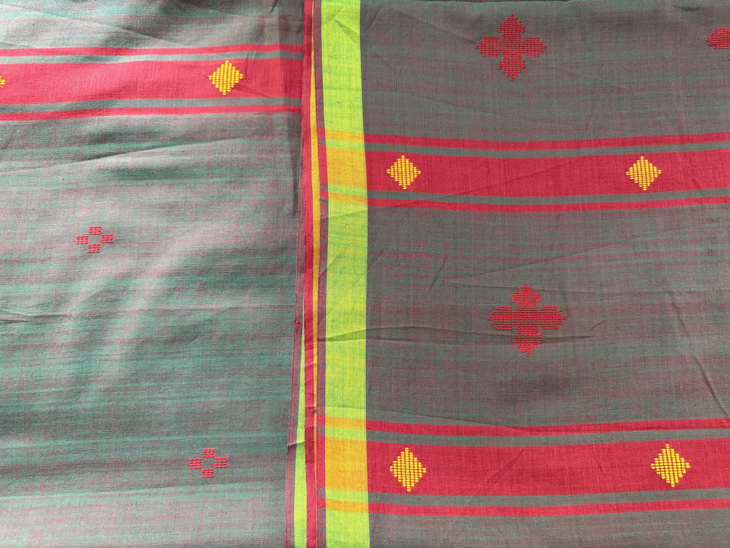 Bawan Buti Handwoven Cotton Saree in Slate Grey with Crimson & Lime Border