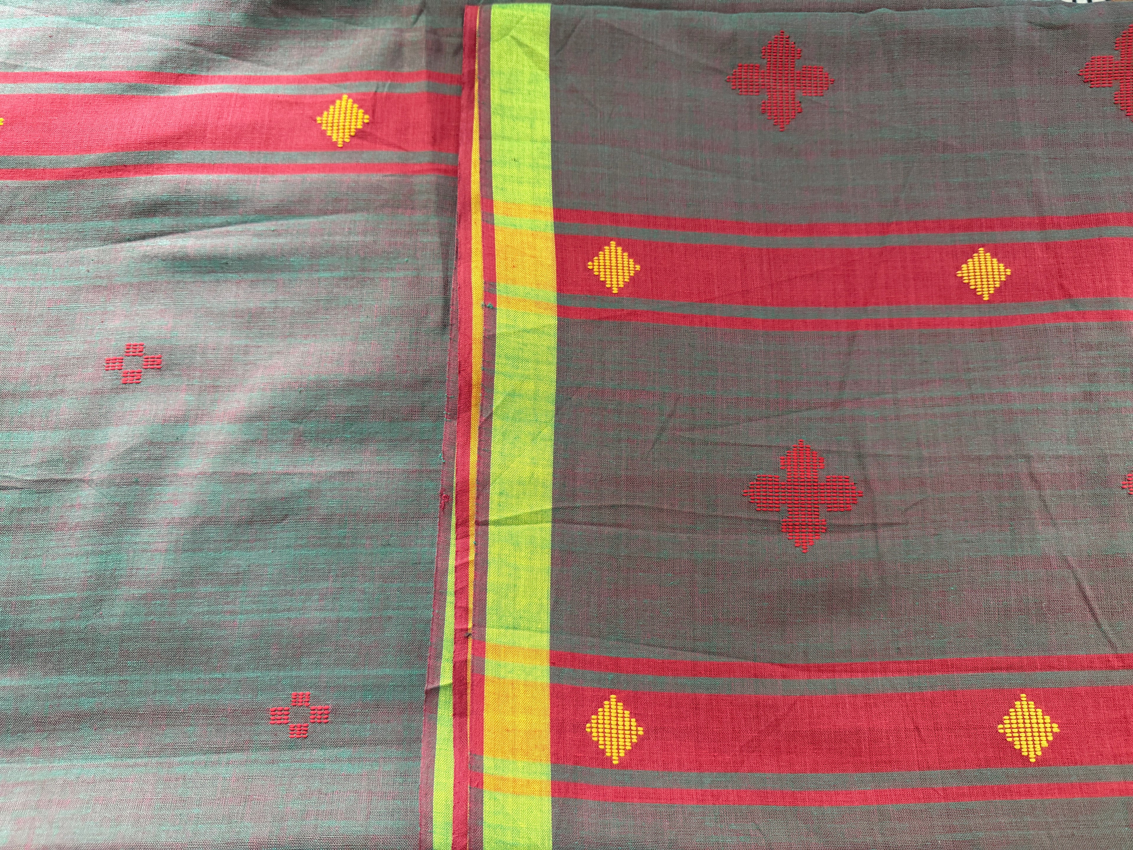 Bawan Buti Handwoven Cotton Saree in Slate Grey with Crimson & Lime Border