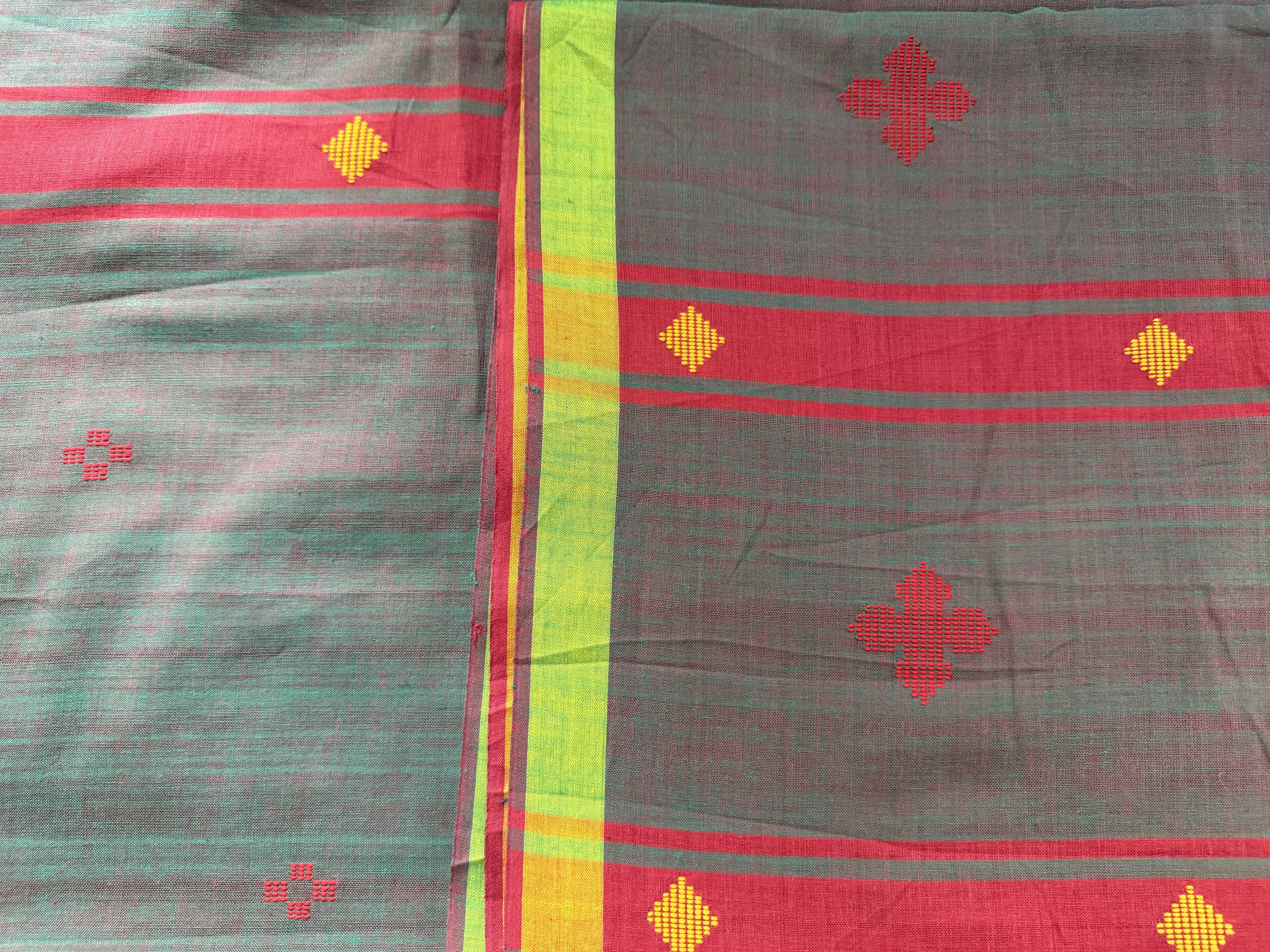Bawan Buti Handwoven Cotton Saree in Slate Grey with Crimson & Lime Border