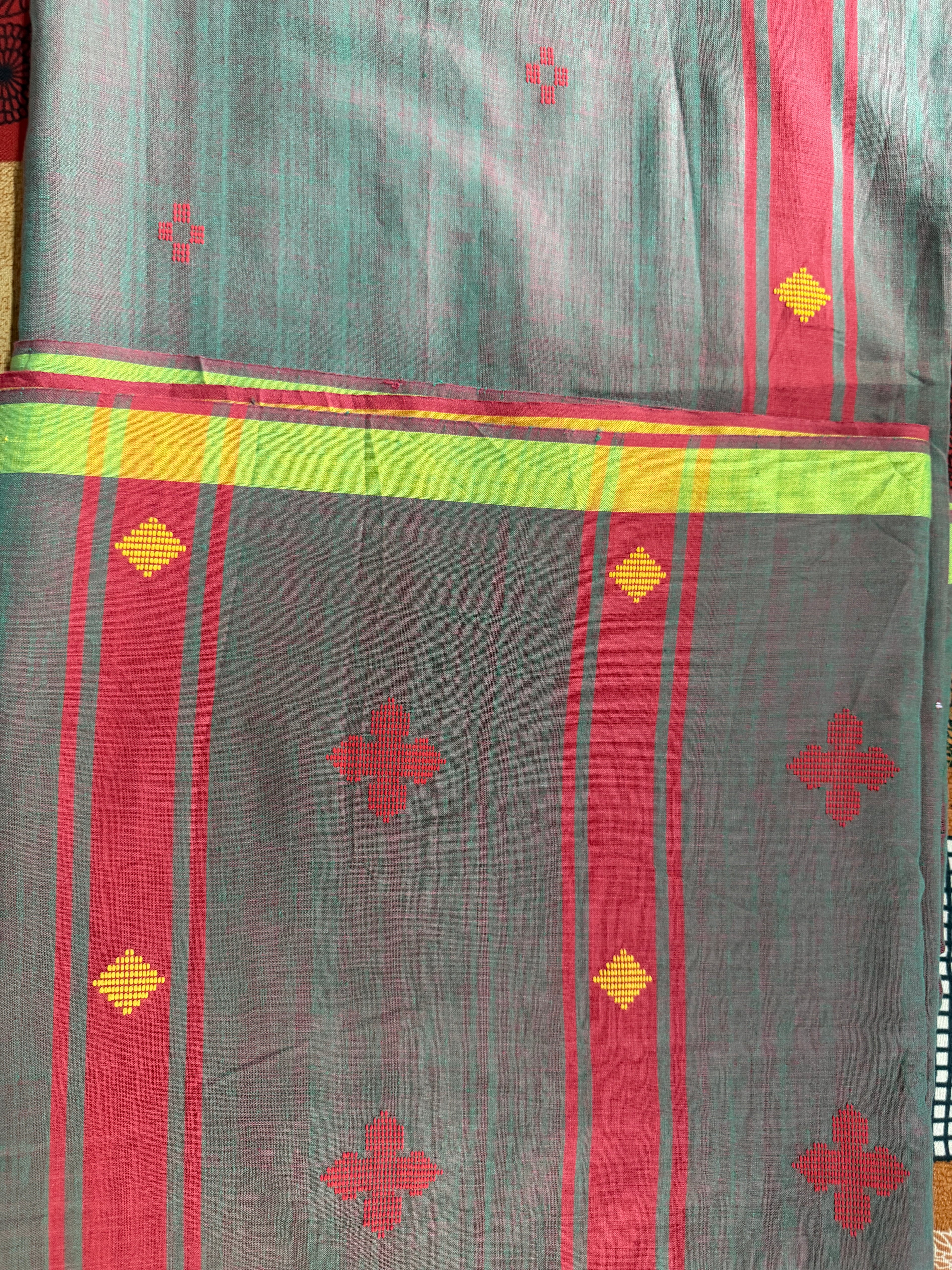 Bawan Buti Handwoven Cotton Saree in Slate Grey with Crimson & Lime Border