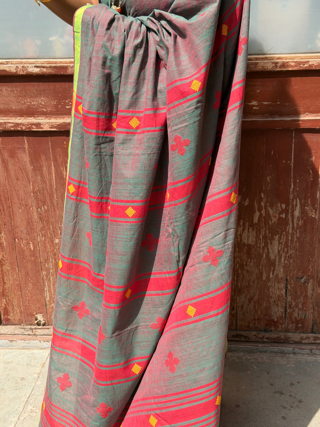 Bawan Buti Handwoven Cotton Saree in Slate Grey with Crimson & Lime Border