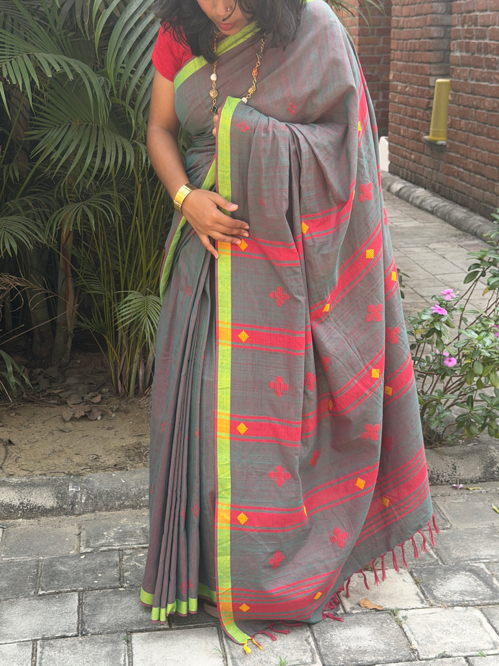 Bawan Buti Handwoven Cotton Saree in Slate Grey with Crimson & Lime Border