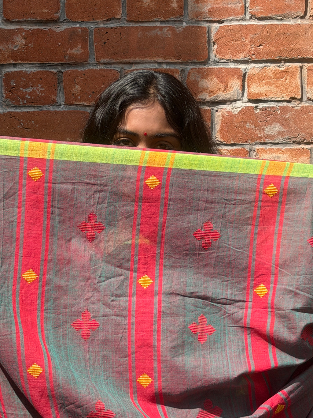 Bawan Buti Handwoven Cotton Saree in Slate Grey with Crimson & Lime Border