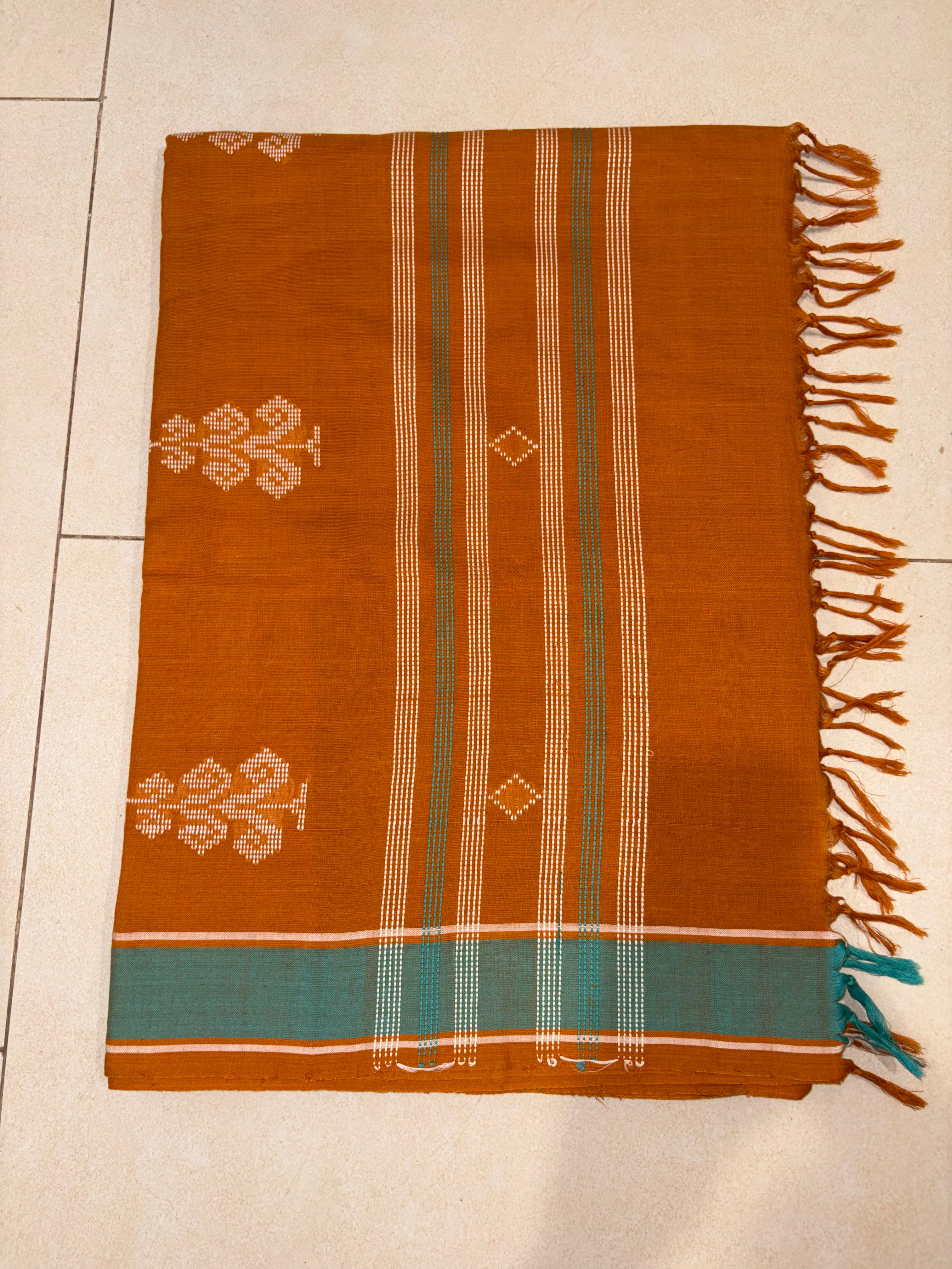 Mustard Bawan Buti Handwoven Cotton Saree with Teal Contrast Border