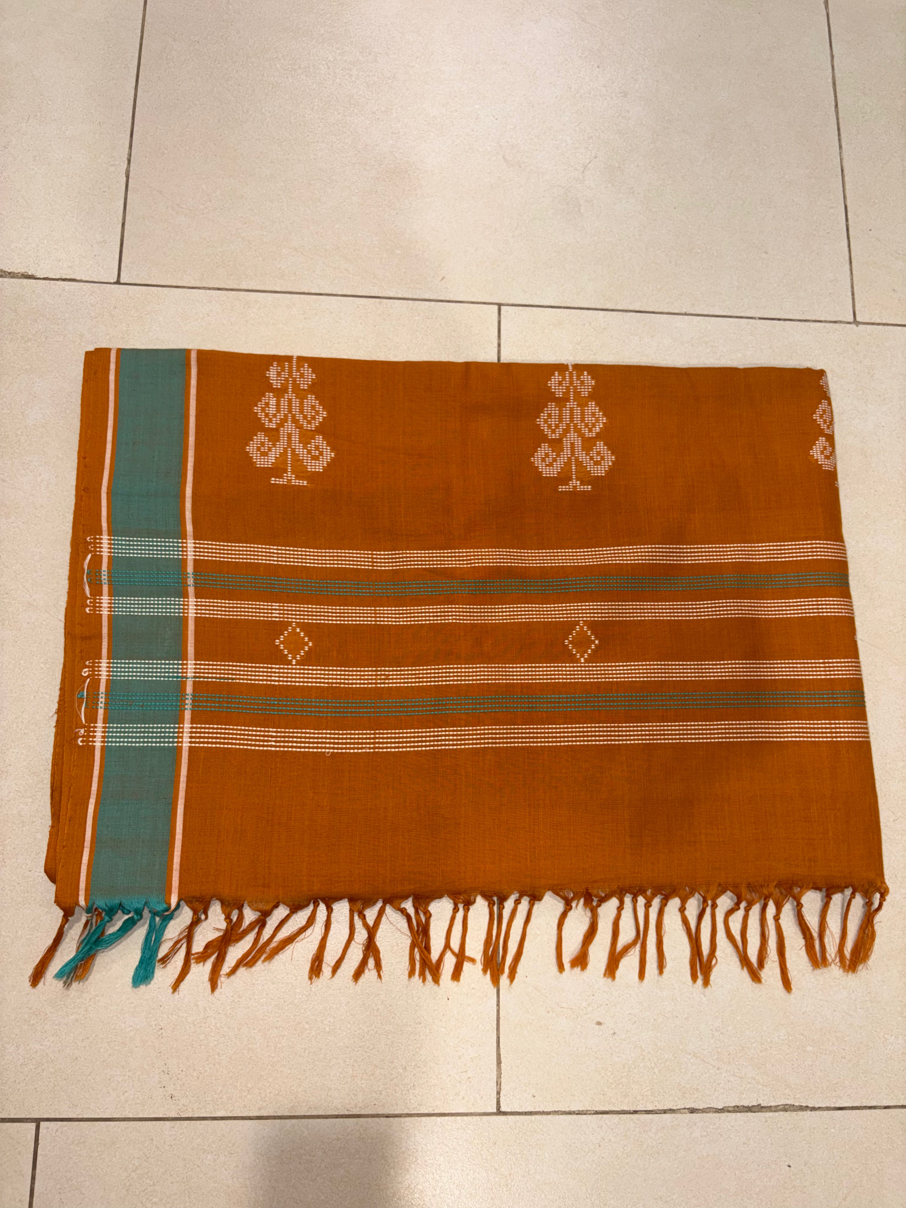 Mustard Bawan Buti Handwoven Cotton Saree with Teal Contrast Border