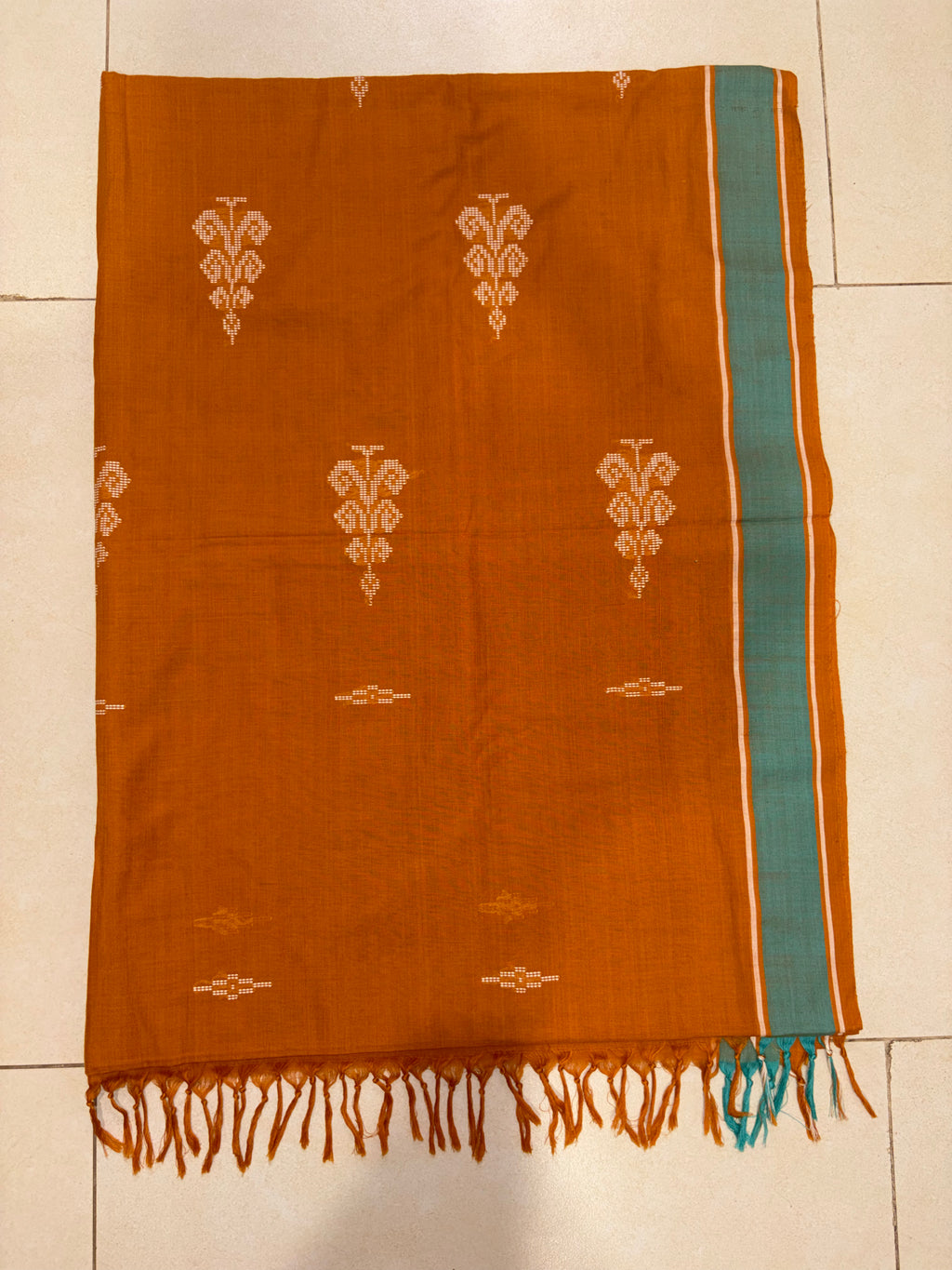 Mustard Bawan Buti Handwoven Cotton Saree with Teal Contrast Border