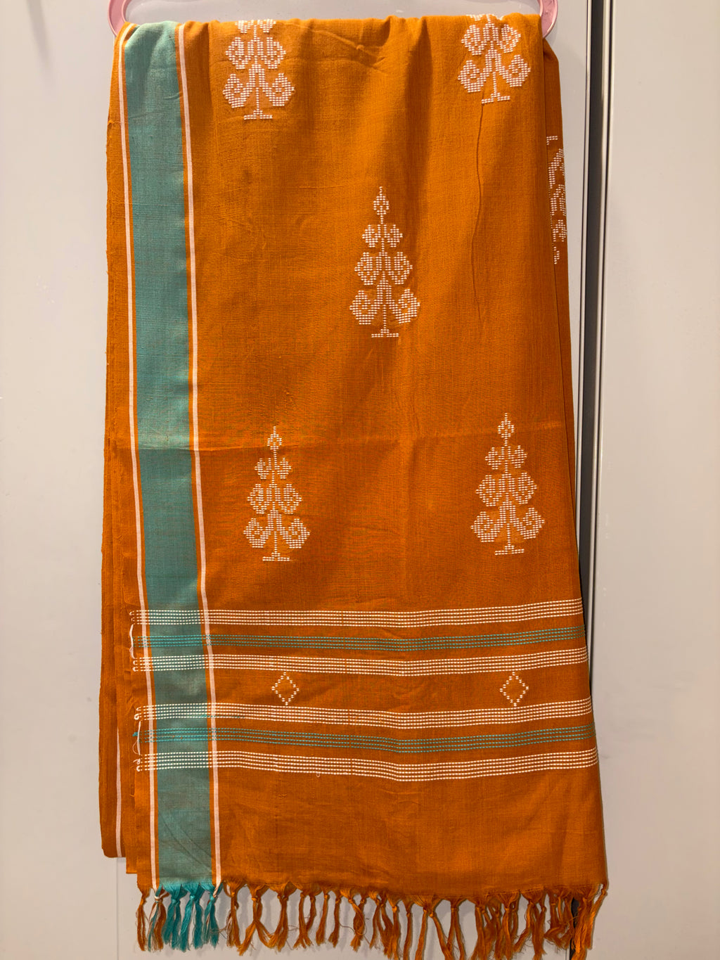Mustard Bawan Buti Handwoven Cotton Saree with Teal Contrast Border