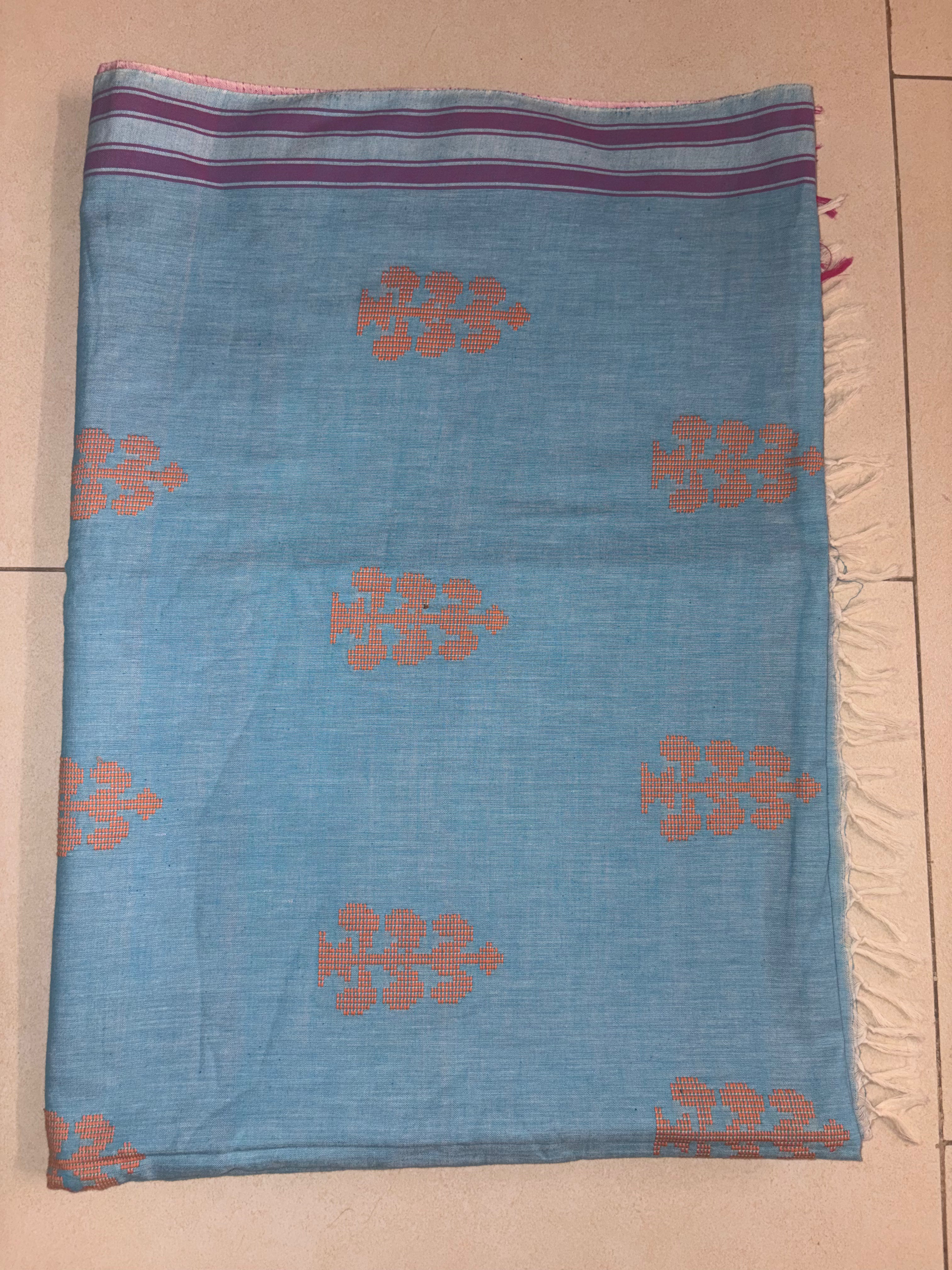 Sky Blue Bawan Buti Handwoven Cotton Saree with Contrast Border