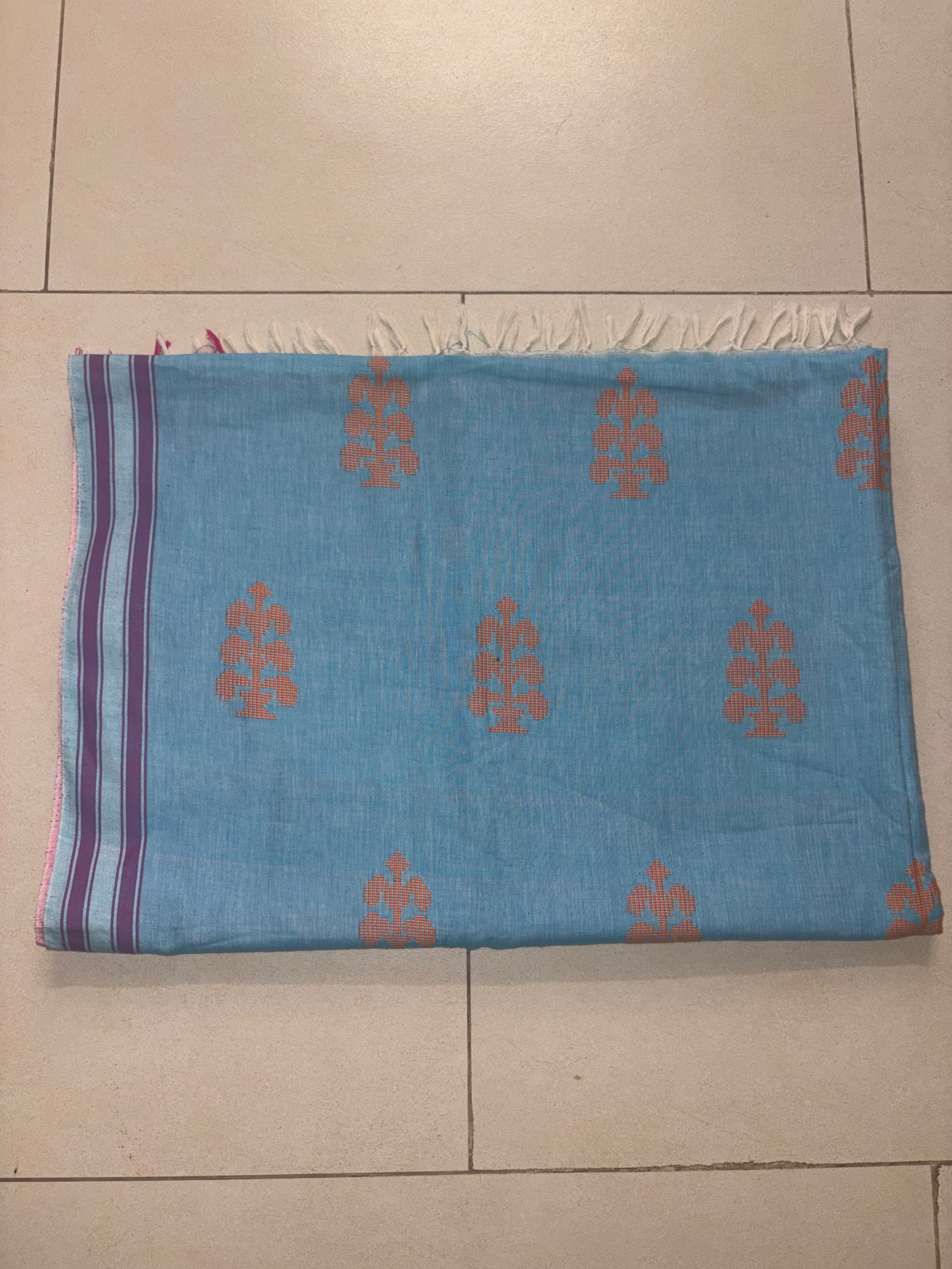 Sky Blue Bawan Buti Handwoven Cotton Saree with Contrast Border