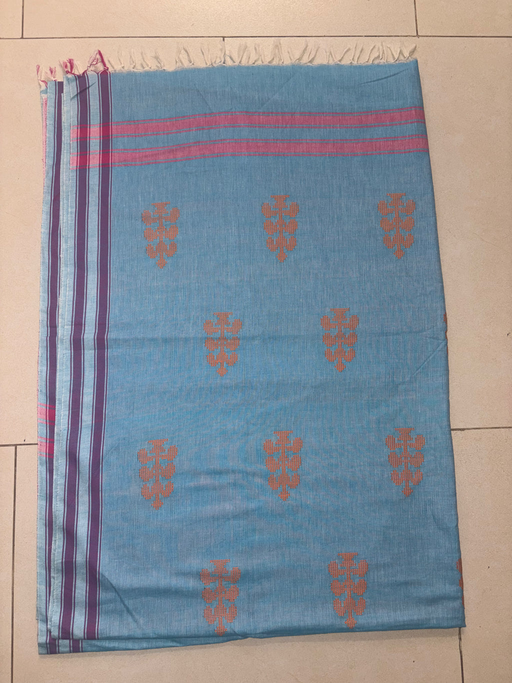 Sky Blue Bawan Buti Handwoven Cotton Saree with Contrast Border