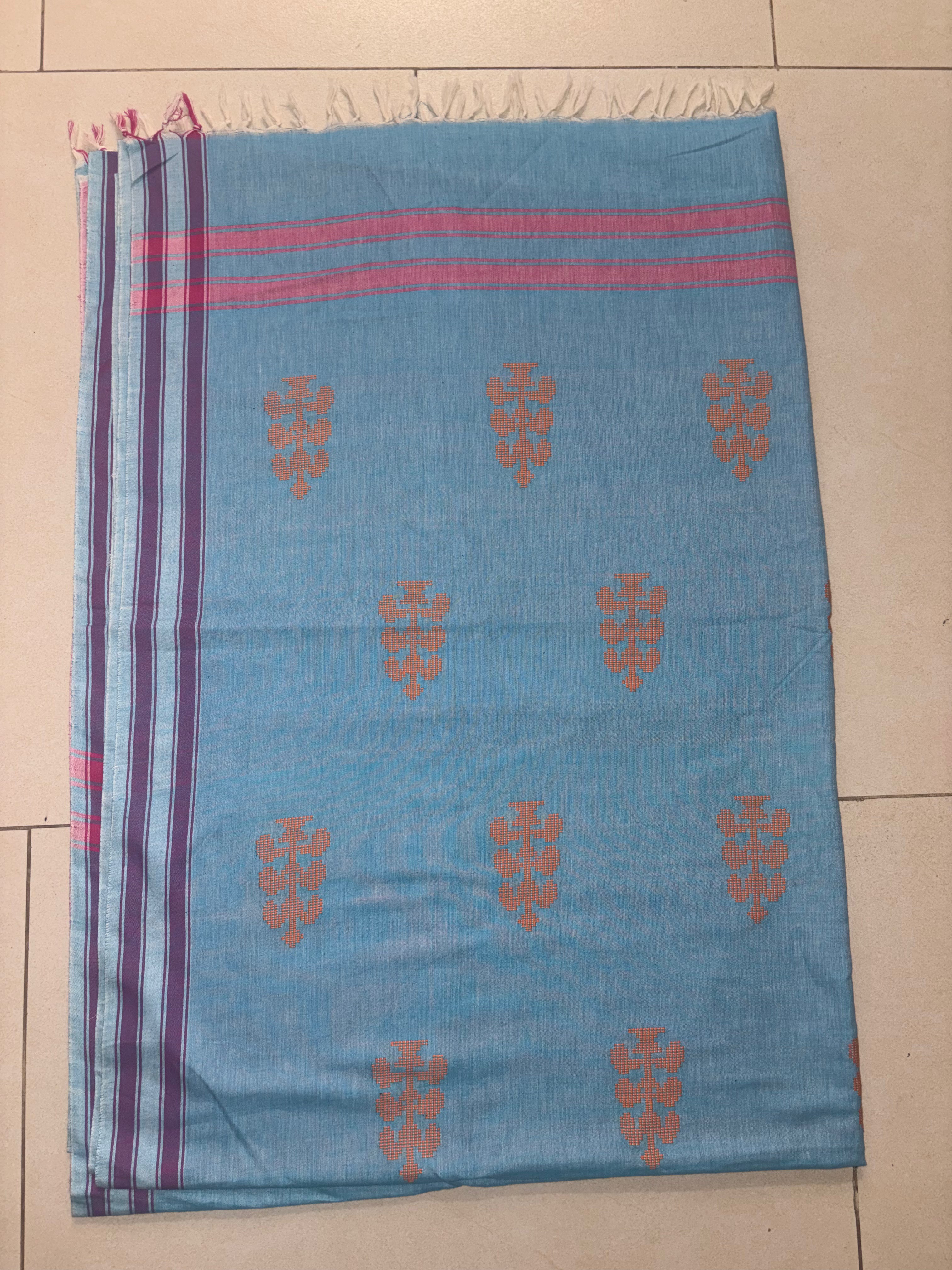 Sky Blue Bawan Buti Handwoven Cotton Saree with Contrast Border