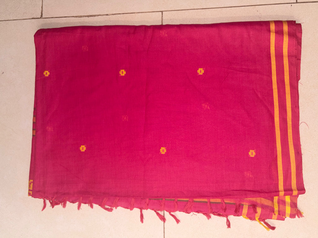 Crimson Pink Bawan Buti Handwoven Cotton Saree with Heritage Motifs