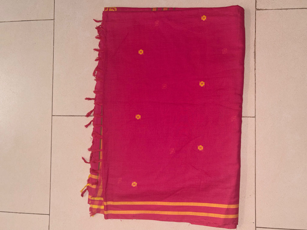 Crimson Pink Bawan Buti Handwoven Cotton Saree with Heritage Motifs