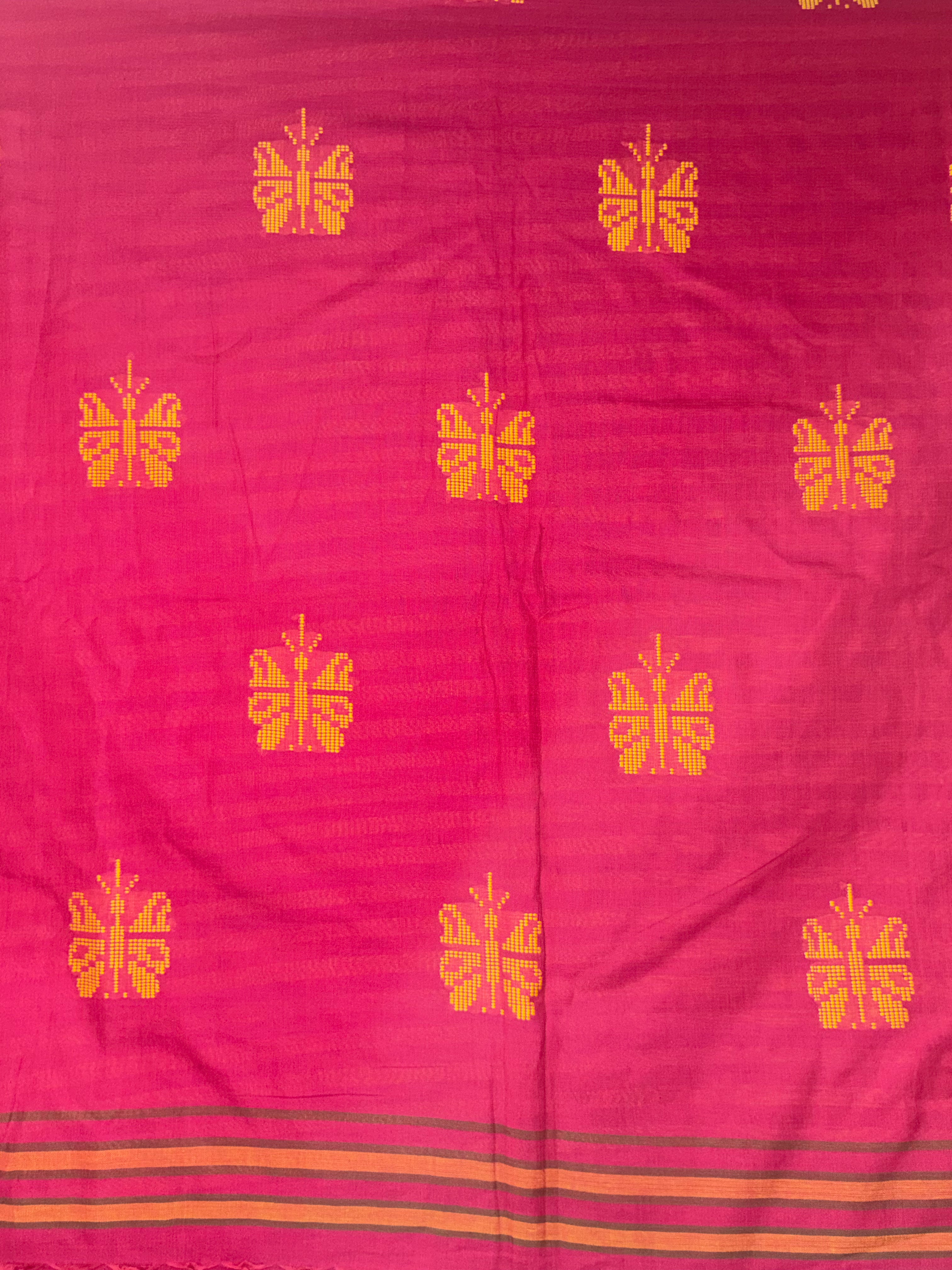 Crimson Pink Bawan Buti Handwoven Cotton Saree with Heritage Motifs