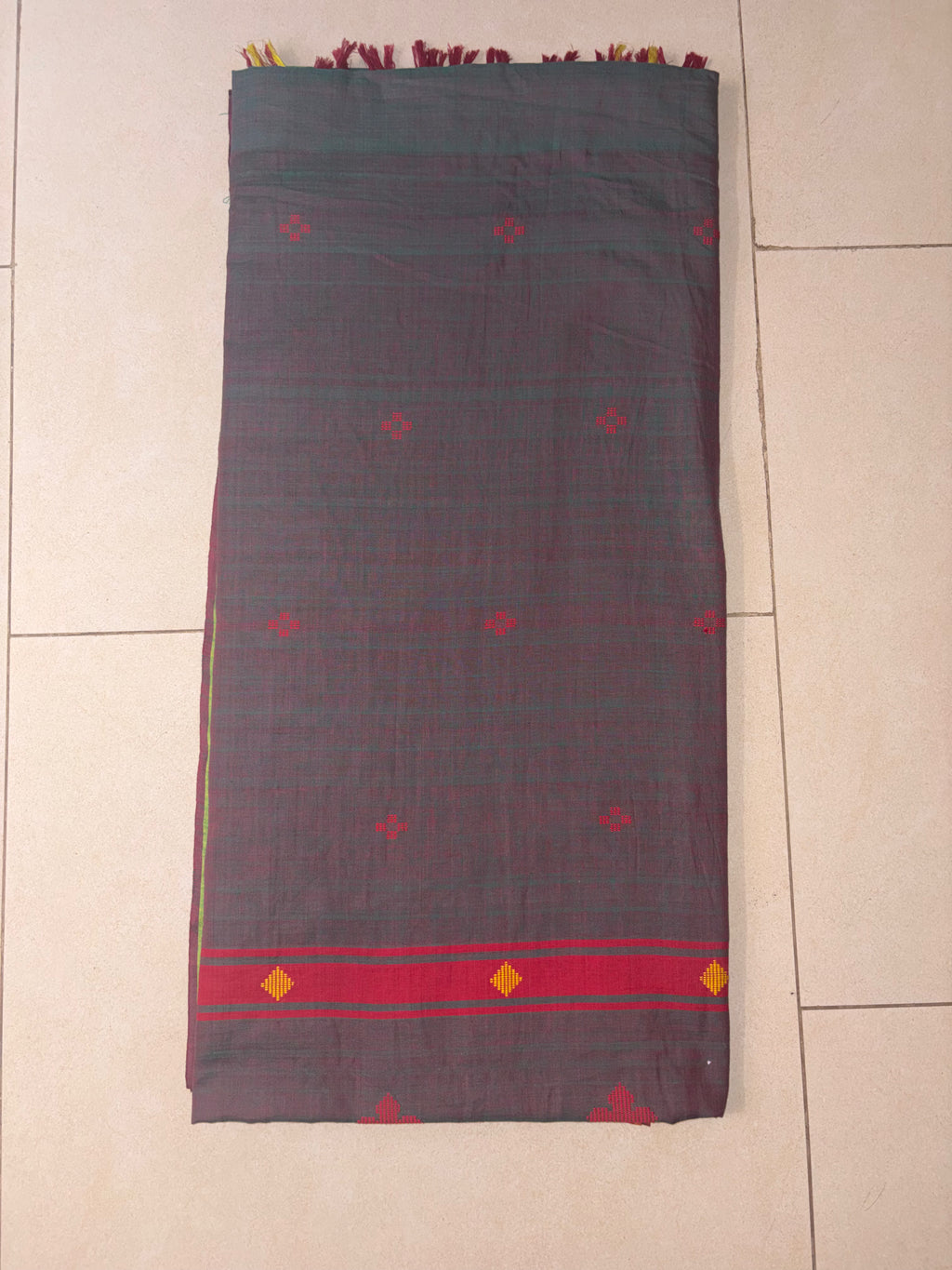 Bawan Buti Handwoven Cotton Saree in Slate Grey with Crimson & Lime Border