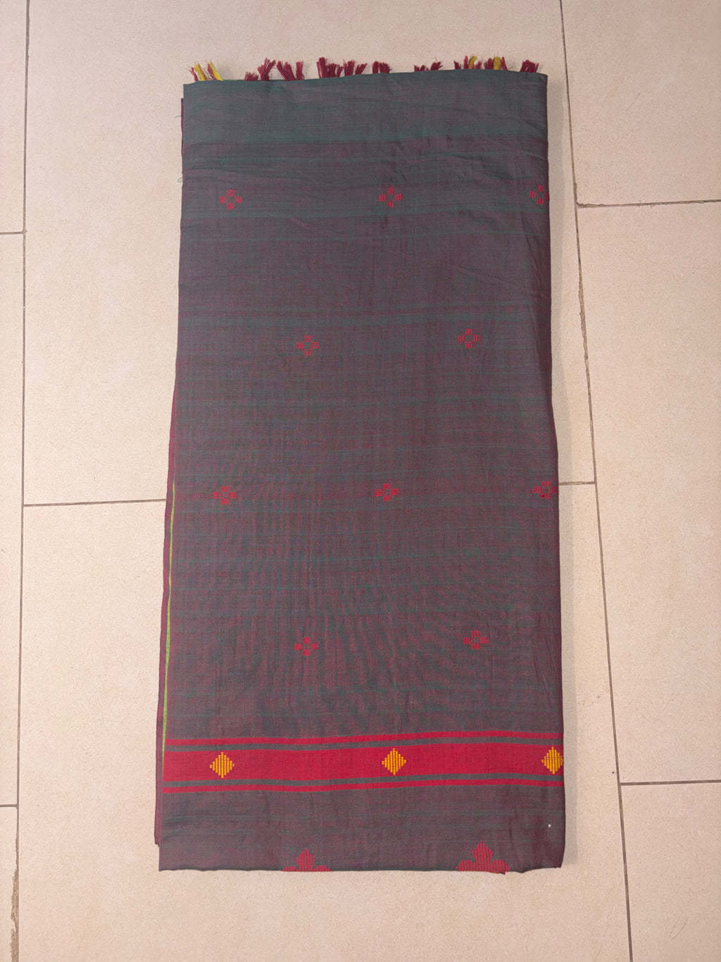 Bawan Buti Handwoven Cotton Saree in Slate Grey with Crimson & Lime Border