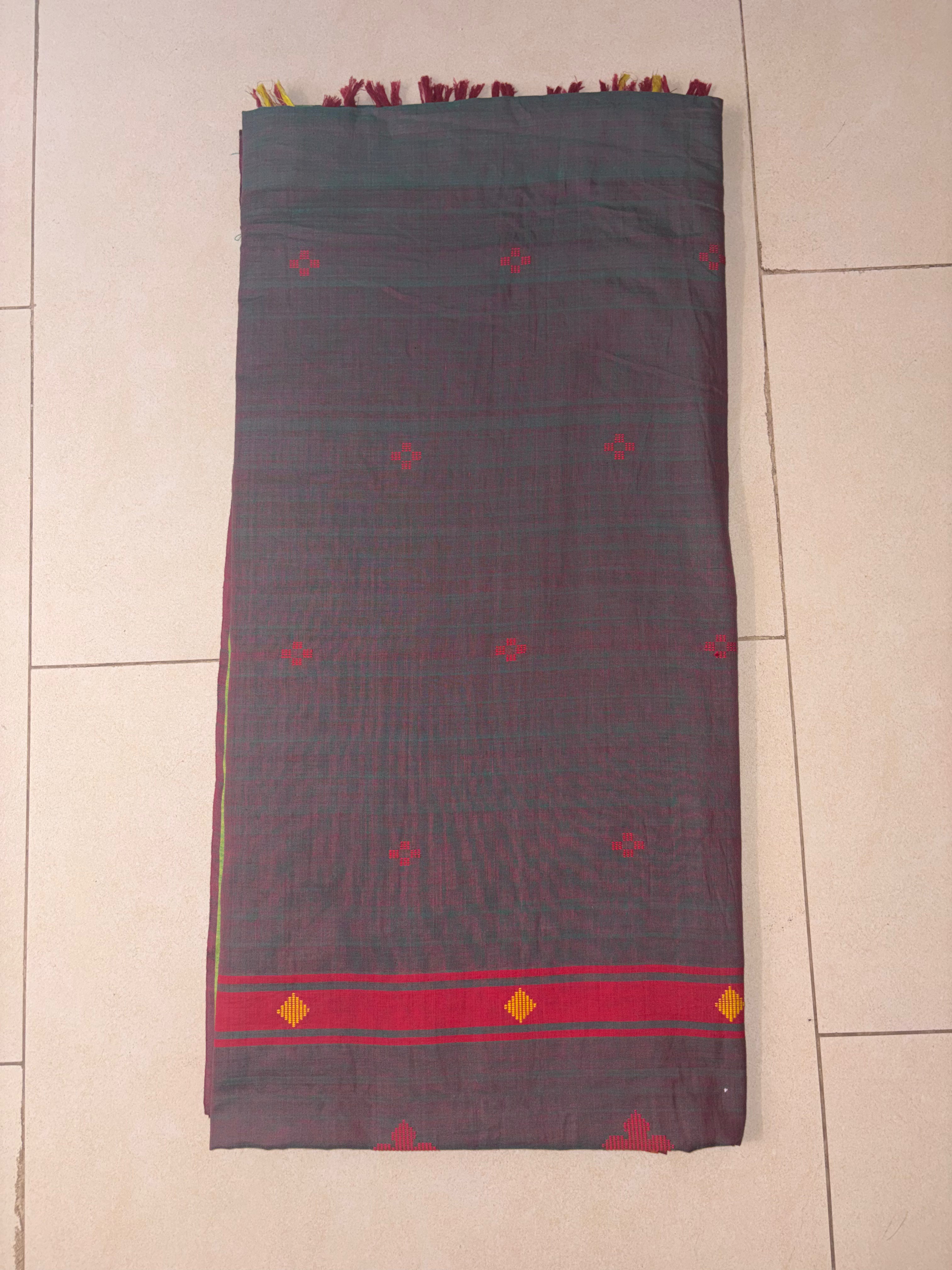 Bawan Buti Handwoven Cotton Saree in Slate Grey with Crimson & Lime Border