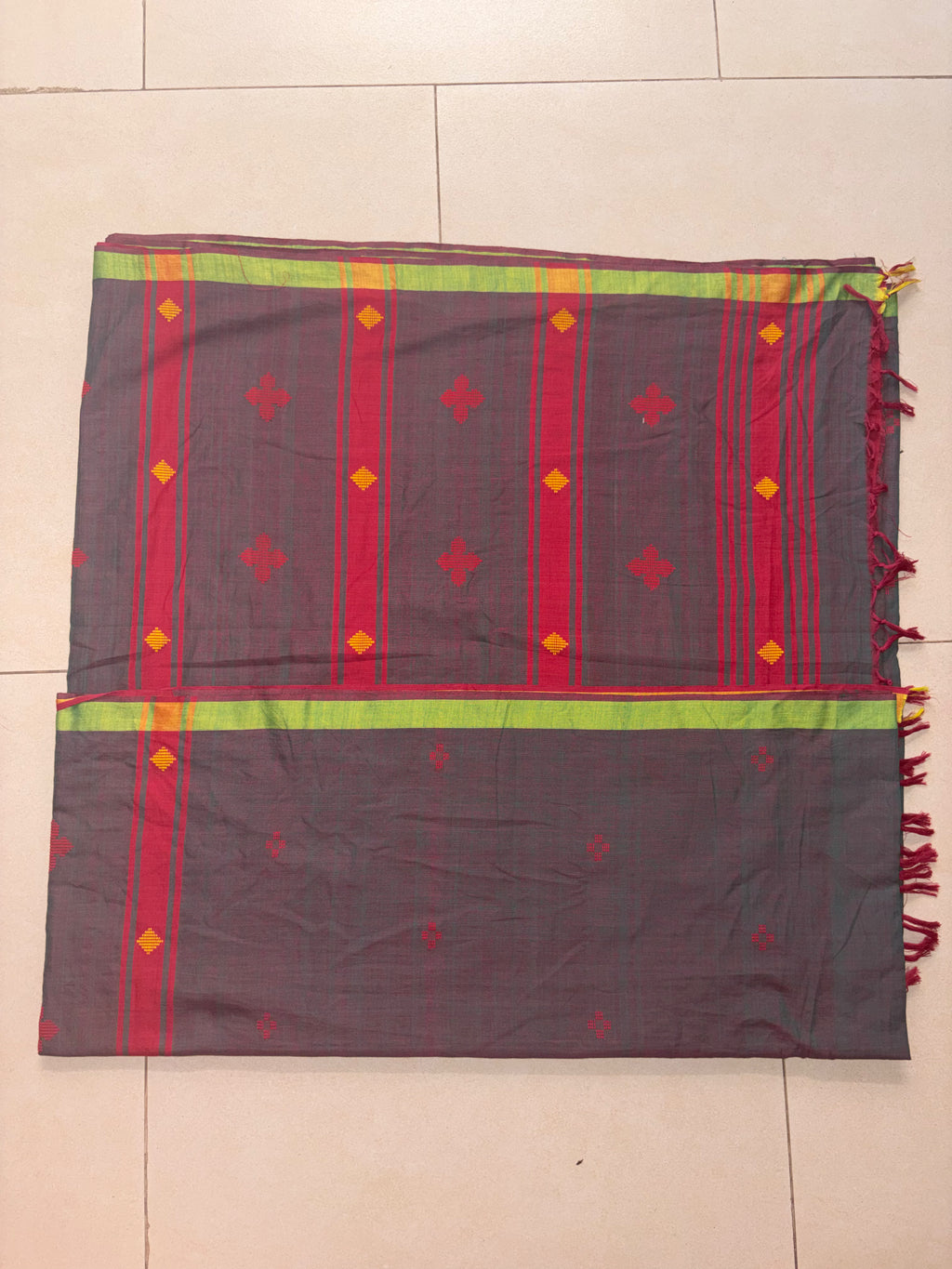 Bawan Buti Handwoven Cotton Saree in Slate Grey with Crimson & Lime Border