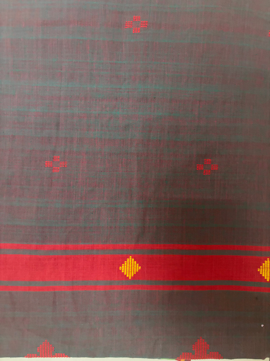 Bawan Buti Handwoven Cotton Saree in Slate Grey with Crimson & Lime Border