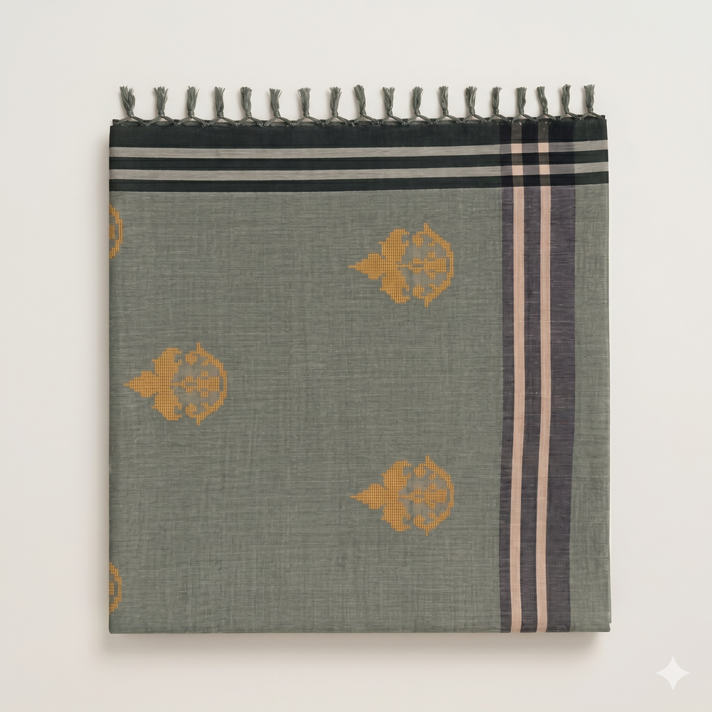 ARAYA Bawan Buti Handloom Saree – Sage Green with Mustard Motifs & Classic Border