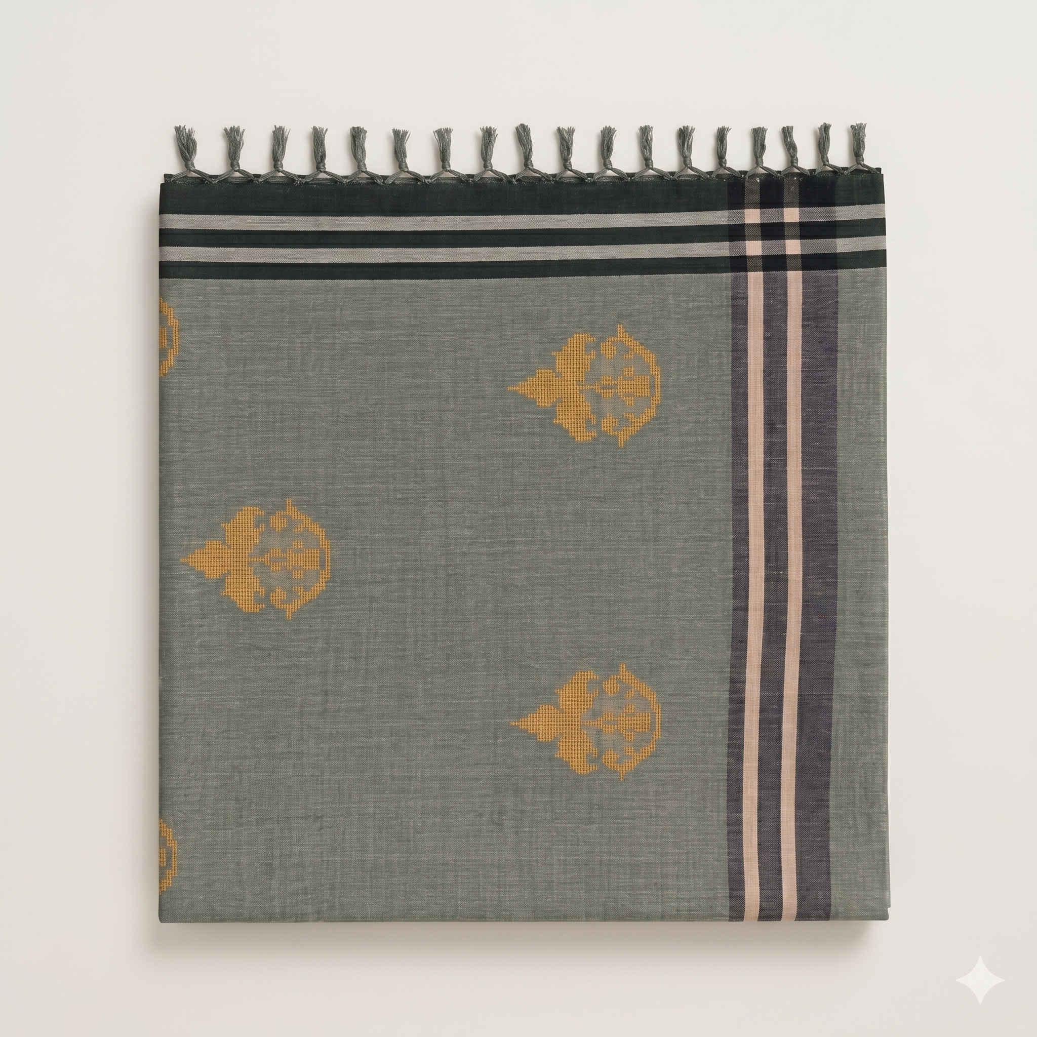 ARAYA Bawan Buti Handloom Saree – Sage Green with Mustard Motifs & Classic Border