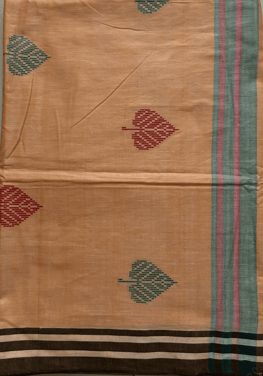 ARAYA Bawan Buti Handloom Saree – Soft Mustard with Leaf Motifs & Contrast Stripes