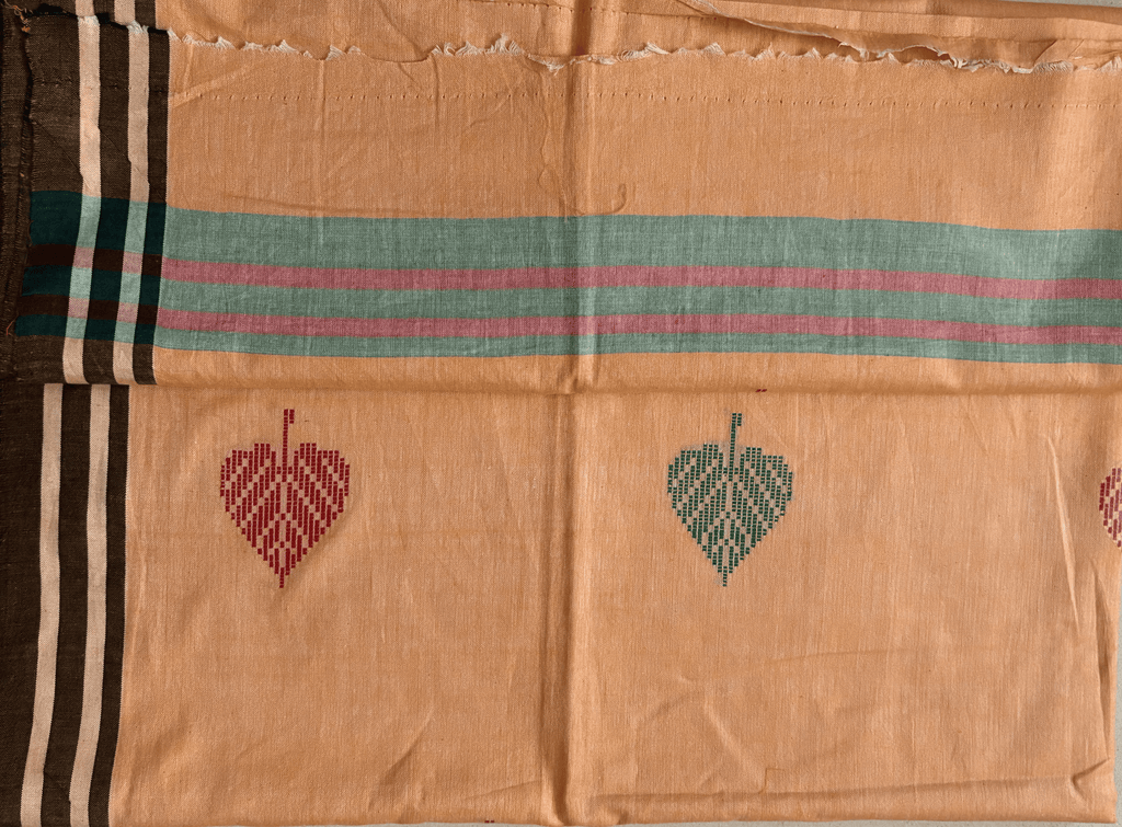 ARAYA Bawan Buti Handloom Saree – Soft Mustard with Leaf Motifs & Contrast Stripes
