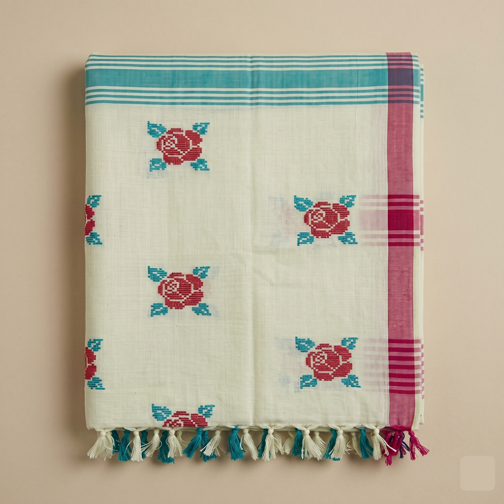 ARAYA Bawan Buti Handloom Saree – Ivory Base with Floral Buti & Teal-Pink Border