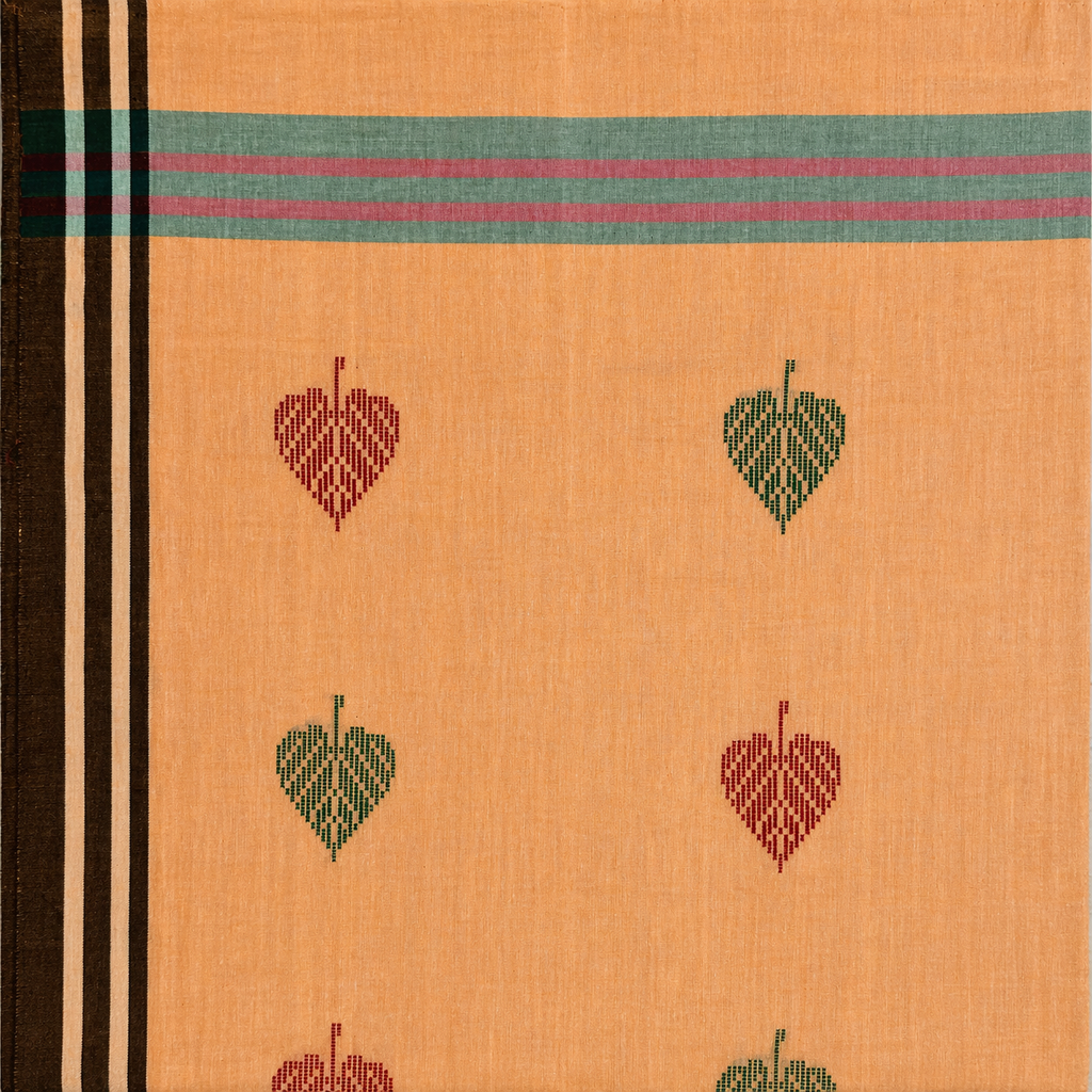 ARAYA Bawan Buti Handloom Saree – Soft Mustard with Leaf Motifs & Contrast Stripes