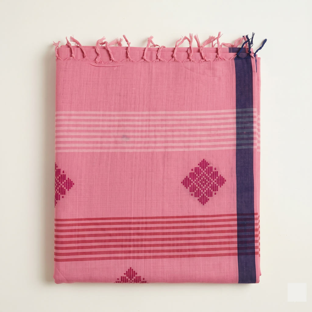 ARAYA Bawan Buti Handloom Saree – Blush Pink with Heritage Motifs & Contrast Border