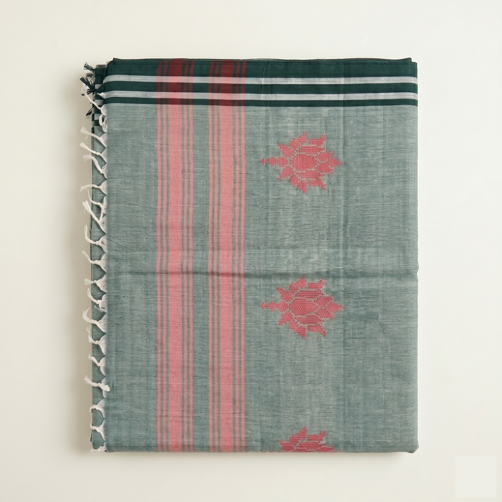ARAYA Bawan Buti Handloom Saree – Slate Teal with Crimson Motifs & Striped Pallu
