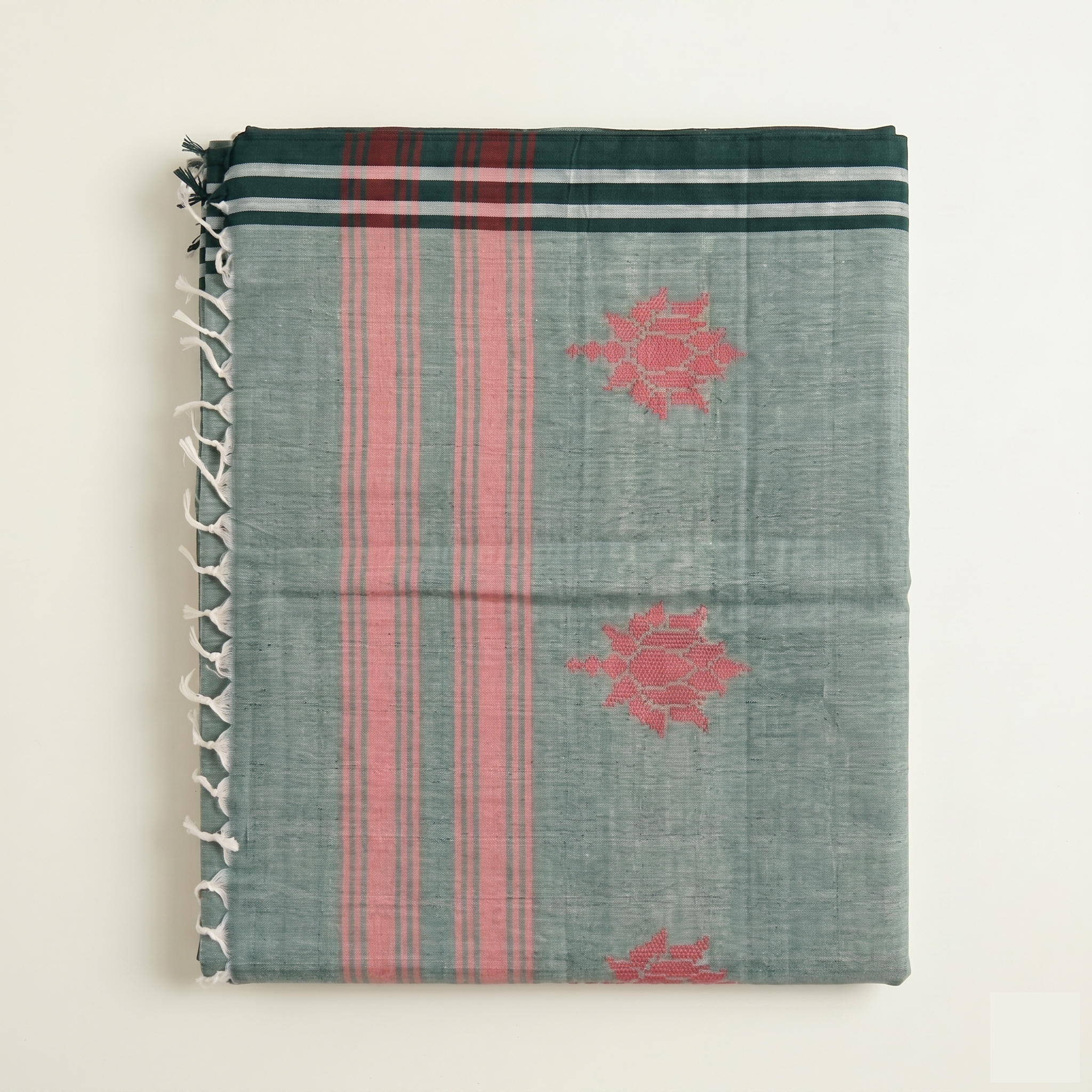 ARAYA Bawan Buti Handloom Saree – Slate Teal with Crimson Motifs & Striped Pallu