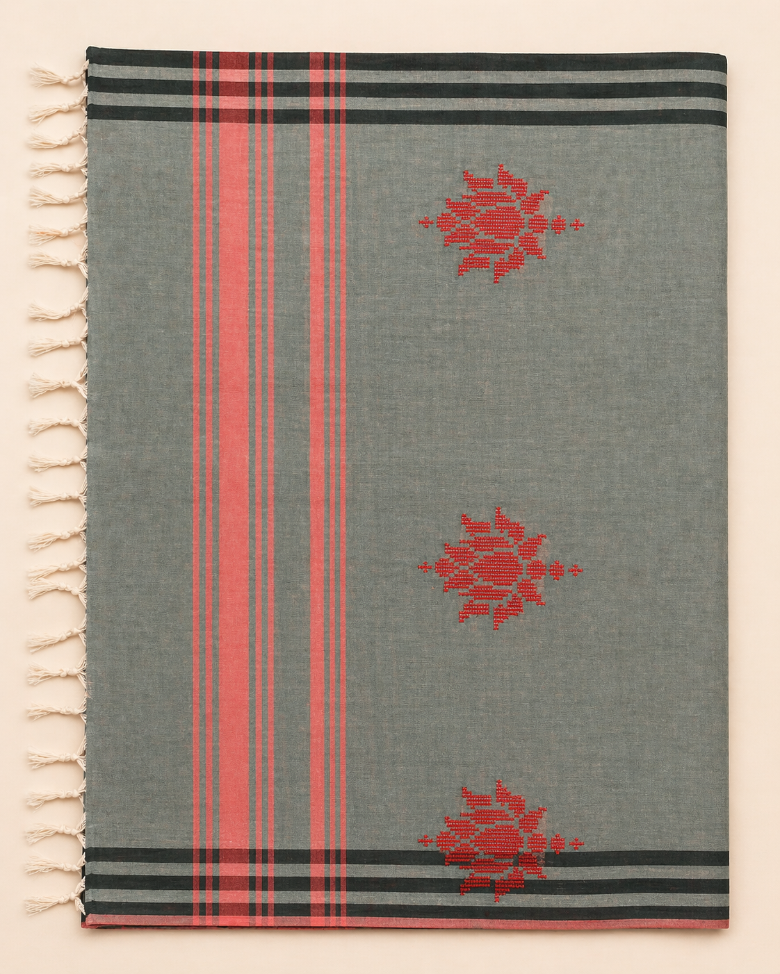 ARAYA Bawan Buti Handloom Saree – Slate Teal with Crimson Motifs & Striped Pallu