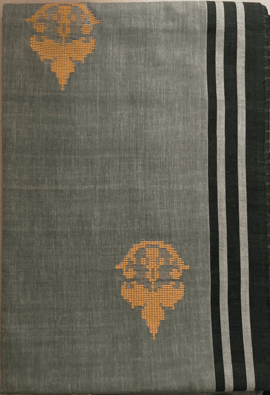 ARAYA Bawan Buti Handloom Saree – Sage Green with Mustard Motifs & Classic Border