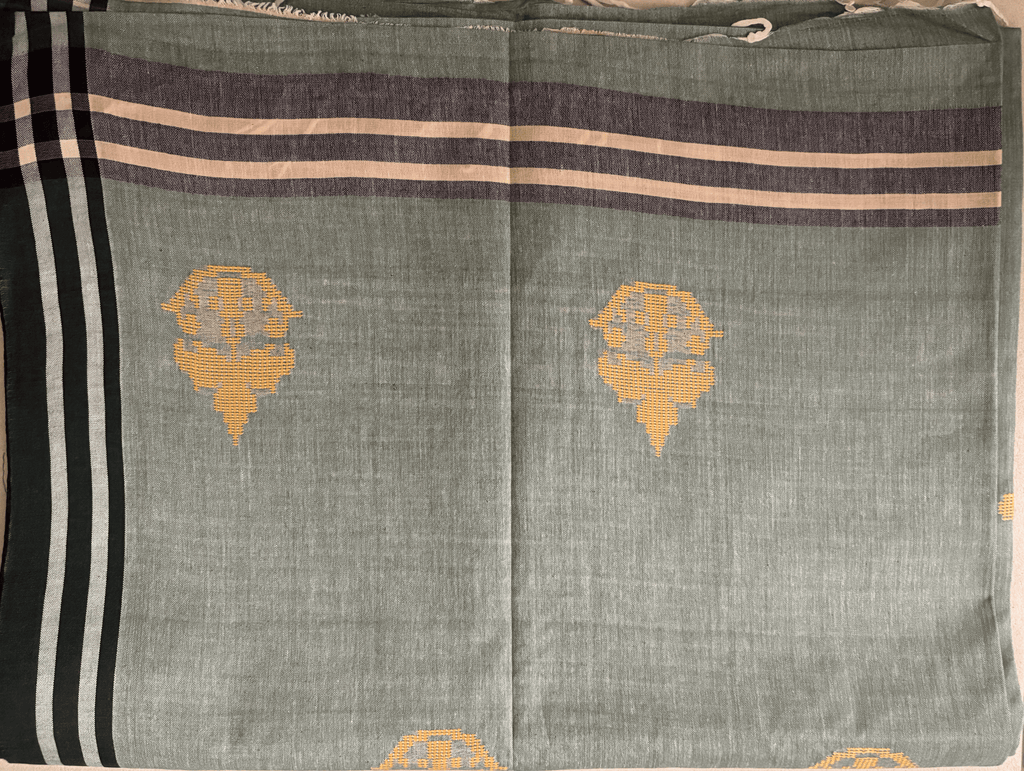 ARAYA Bawan Buti Handloom Saree – Sage Green with Mustard Motifs & Classic Border