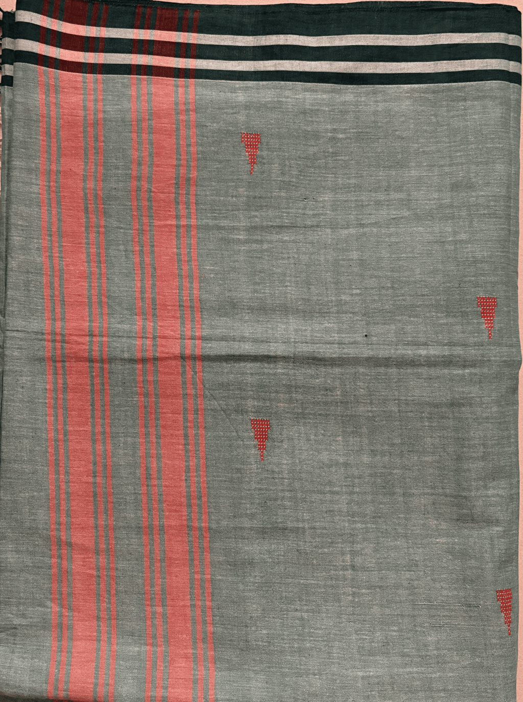 ARAYA Bawan Buti Handloom Saree – Slate Teal with Crimson Motifs & Striped Pallu