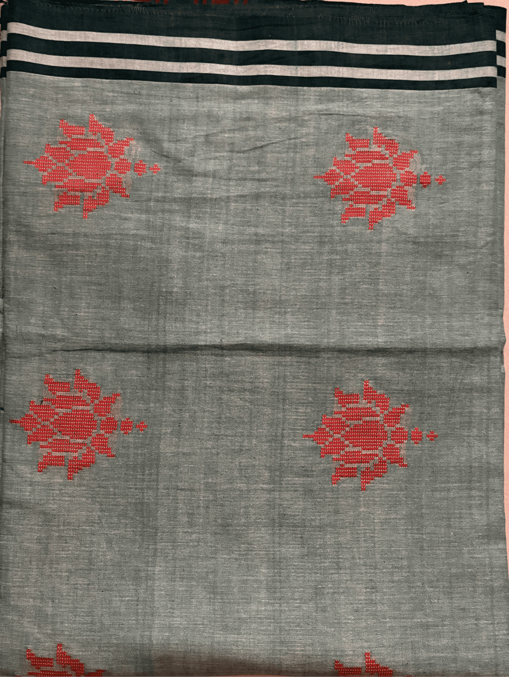 ARAYA Bawan Buti Handloom Saree – Slate Teal with Crimson Motifs & Striped Pallu