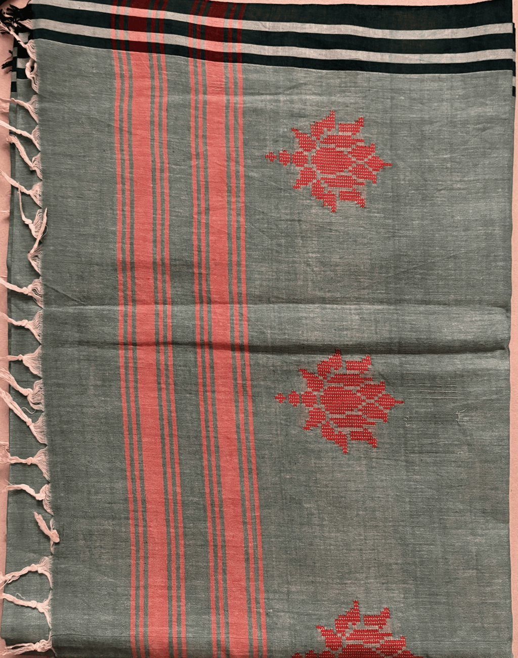 ARAYA Bawan Buti Handloom Saree – Slate Teal with Crimson Motifs & Striped Pallu