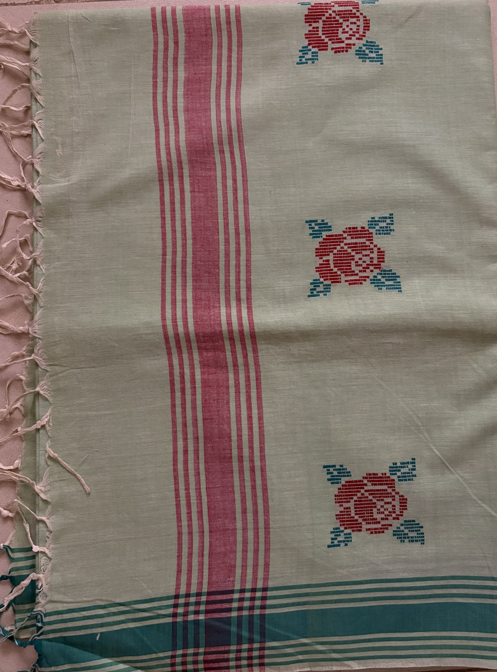 ARAYA Bawan Buti Handloom Saree – Ivory Base with Floral Buti & Teal-Pink Border