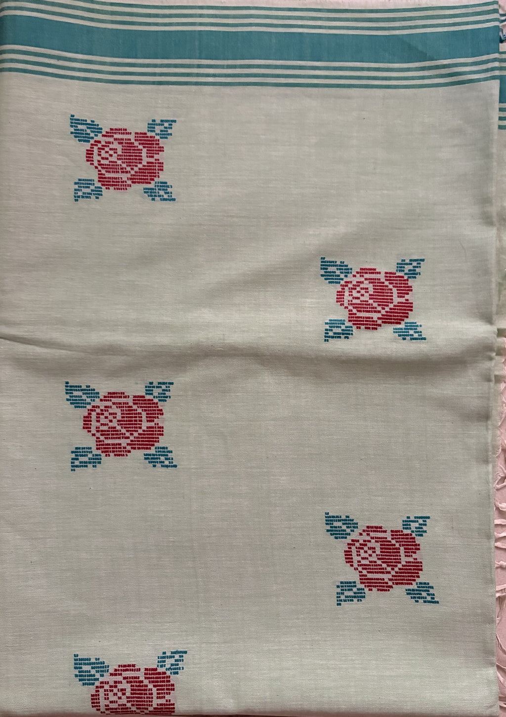 ARAYA Bawan Buti Handloom Saree – Ivory Base with Floral Buti & Teal-Pink Border