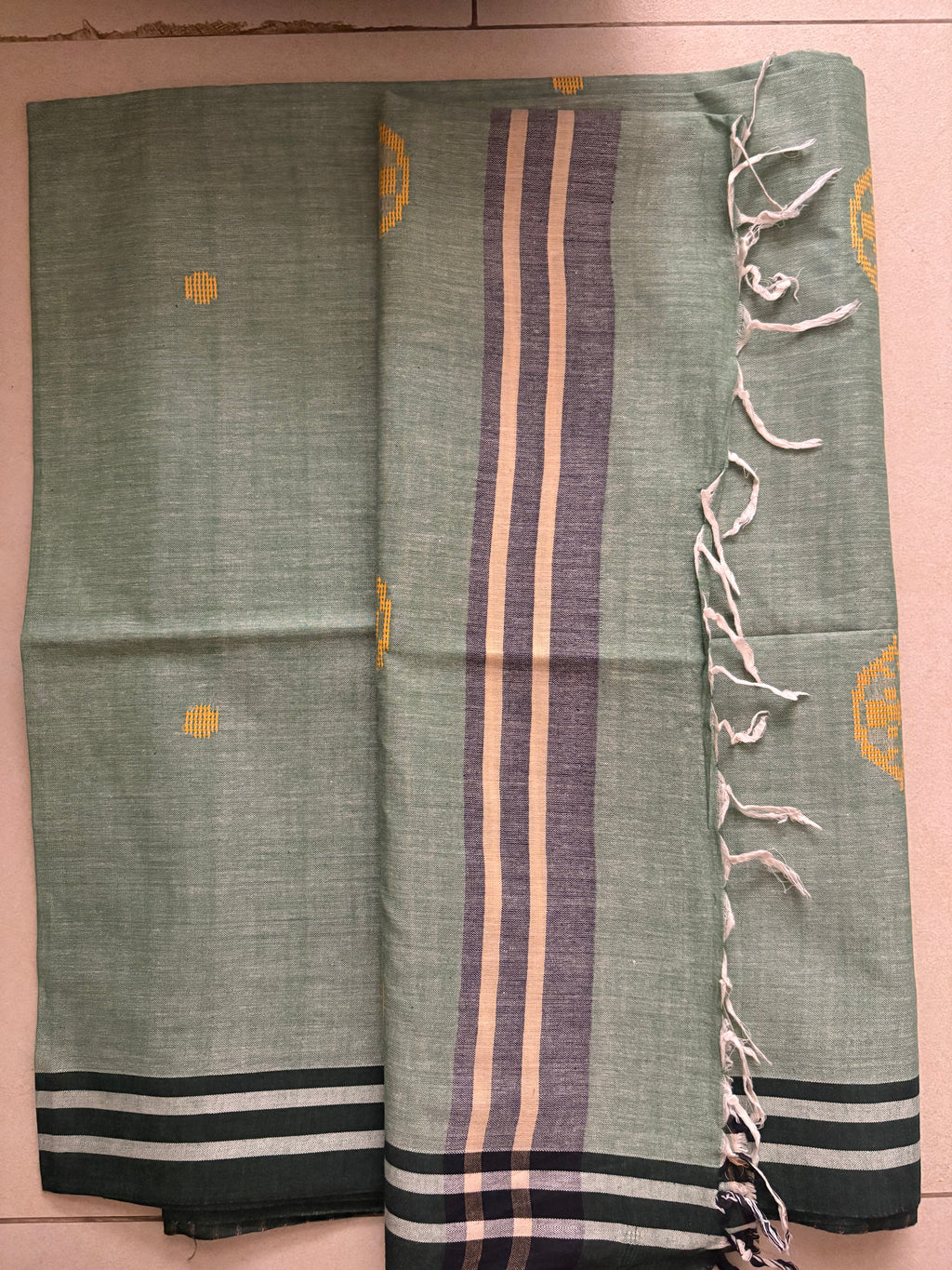 ARAYA Bawan Buti Handloom Saree – Sage Green with Mustard Motifs & Classic Border