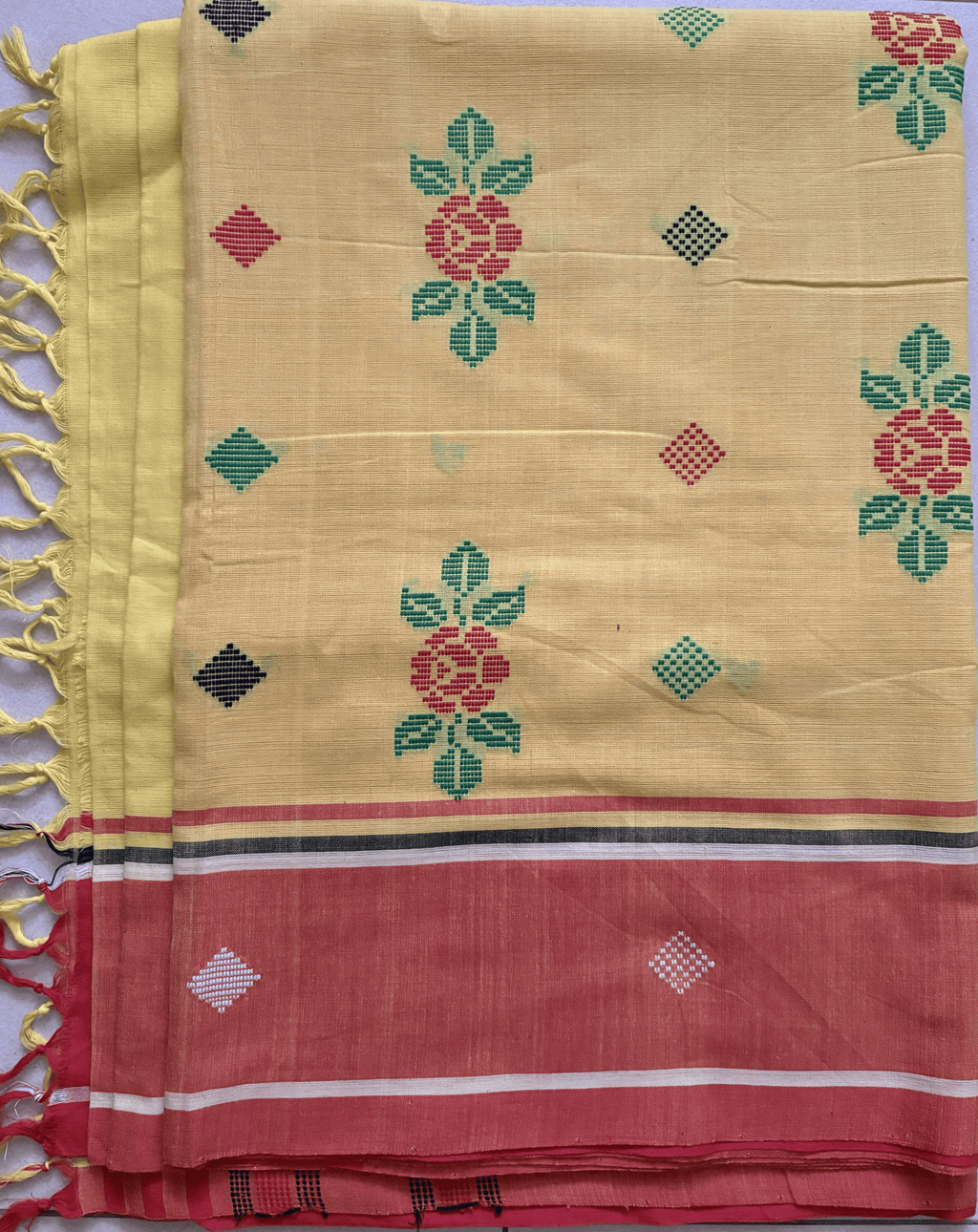 ARAYA Bawan Buti Handloom Saree – Sunlit Yellow with Floral Motifs & Dual-Tone Border