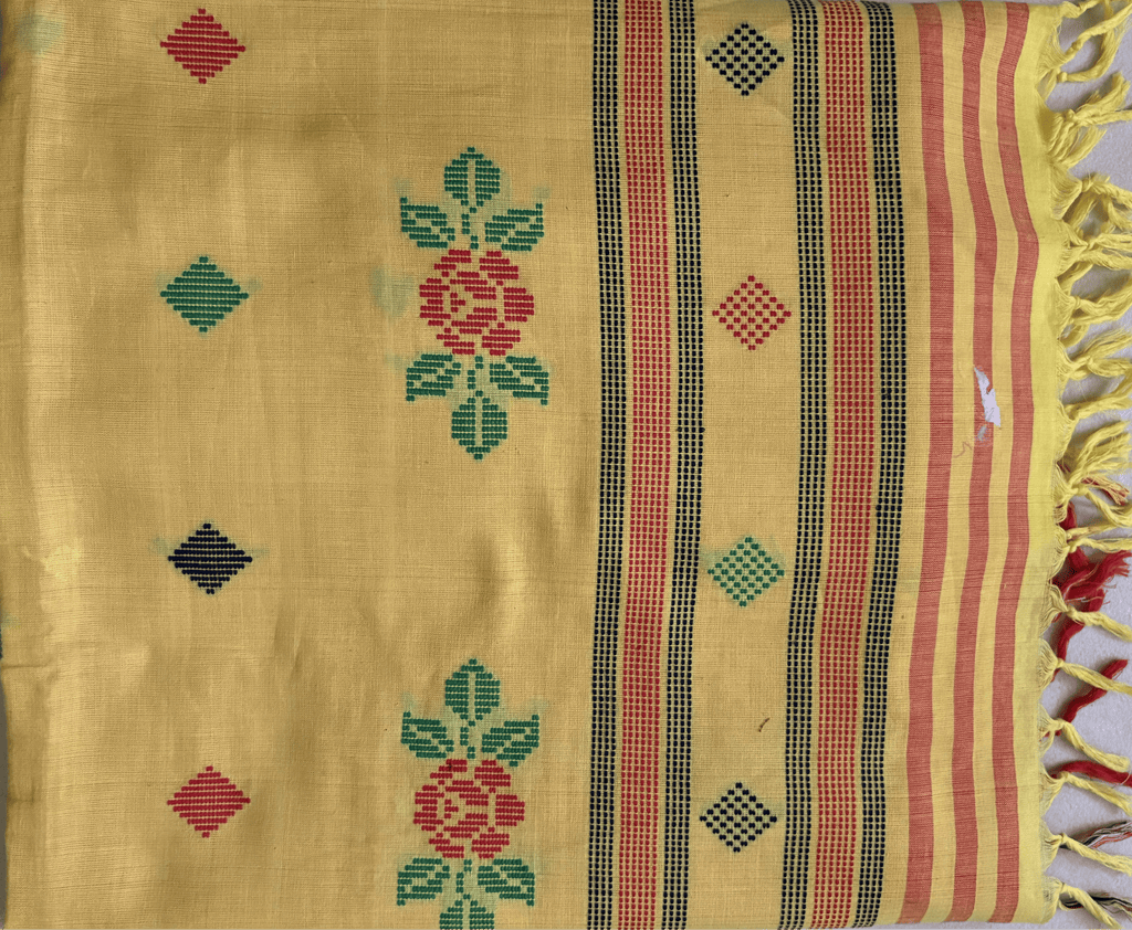 ARAYA Bawan Buti Handloom Saree – Sunlit Yellow with Floral Motifs & Dual-Tone Border