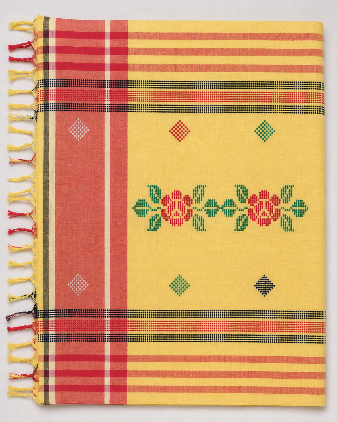 ARAYA Bawan Buti Handloom Saree – Sunlit Yellow with Floral Motifs & Dual-Tone Border