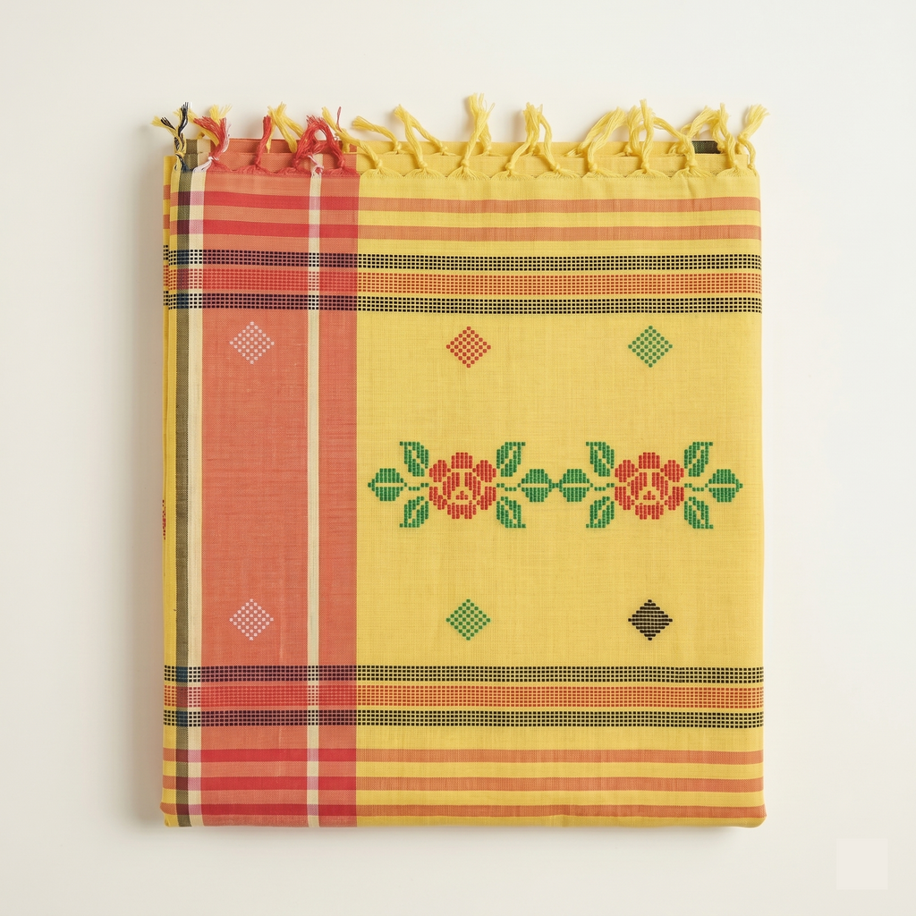 ARAYA Bawan Buti Handloom Saree – Sunlit Yellow with Floral Motifs & Dual-Tone Border
